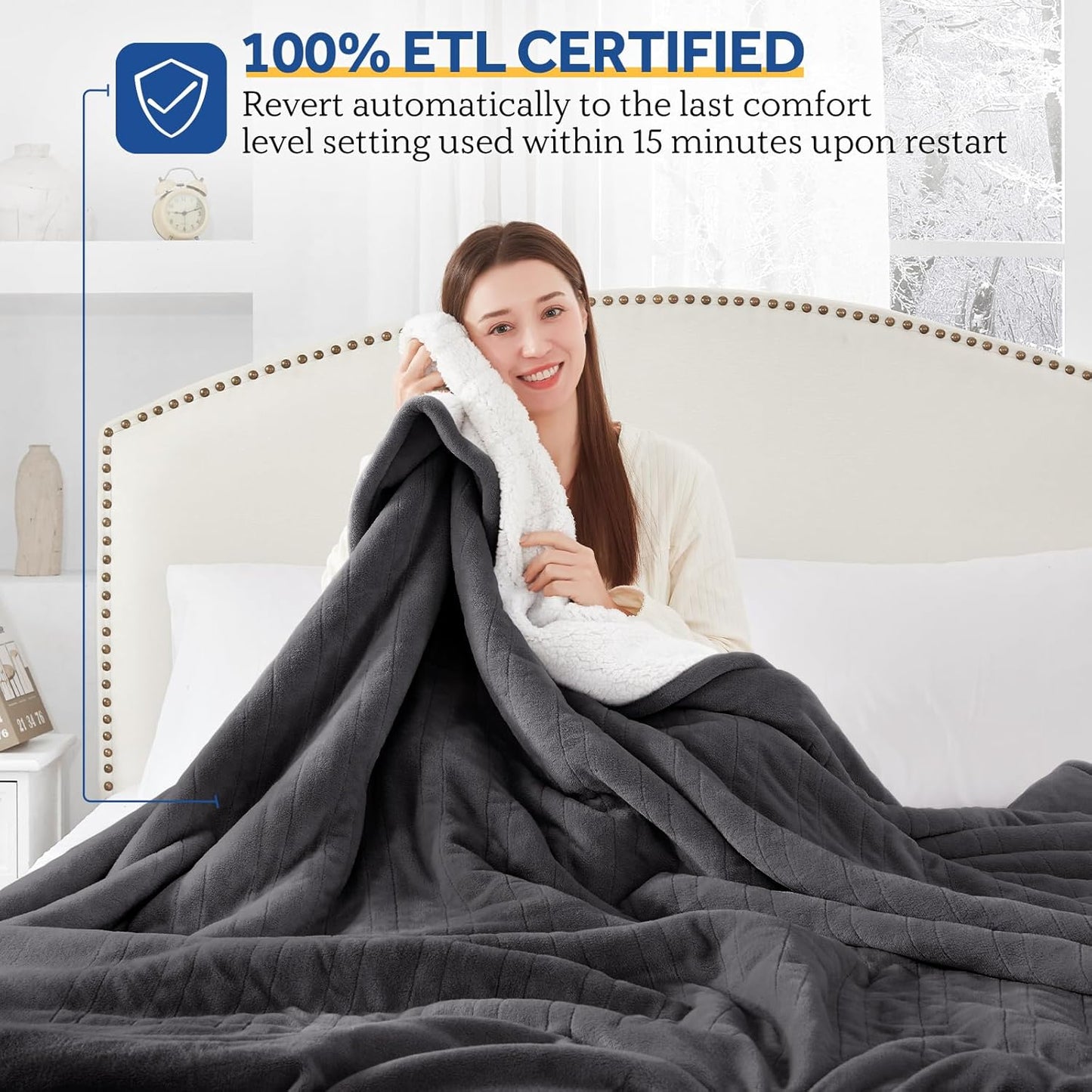 SEALY Electric Blanket King Size, Flannel & Sherpa Heated Blanket with 10 Heating Levels & 1-12 Hours Auto Shut Off, Fast Heating Blanket, Machine Washable, Grey, 100 x 90 Inch