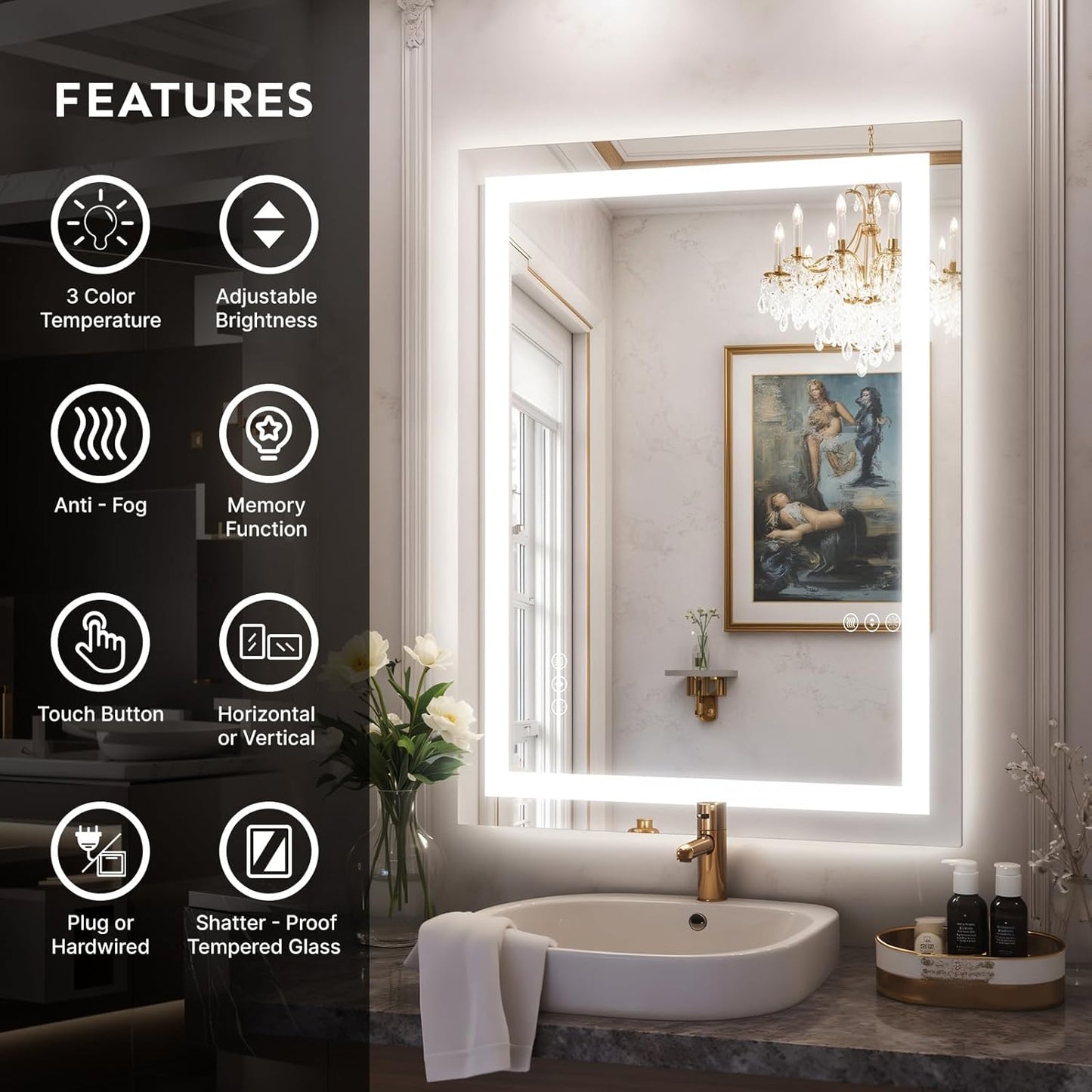 24x32 LED Bathroom Mirror with Lights – Anti-Fog, Dimmable, Backlit & Front Lit Lighted Vanity Mirror for Wall – Smart Bathroom Mirror with Memory Function, Shatterproof Tempered Glass