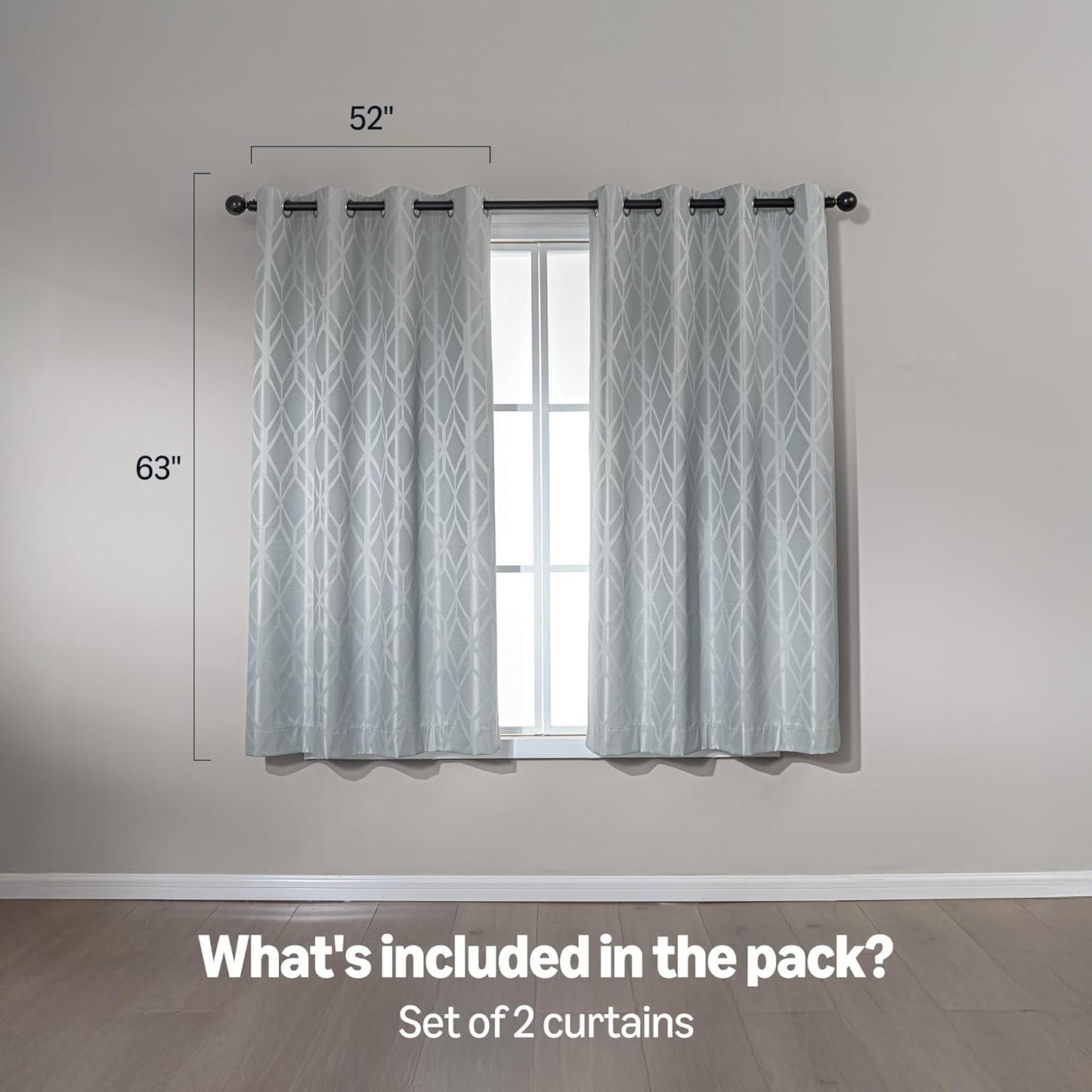 Amazon Basics Jacquard 2-Piece 100% Blackout Curtains, Living Room and Bedroom Drapes, Thermal Insulated Window Treatment, 52"x63", Light Grey