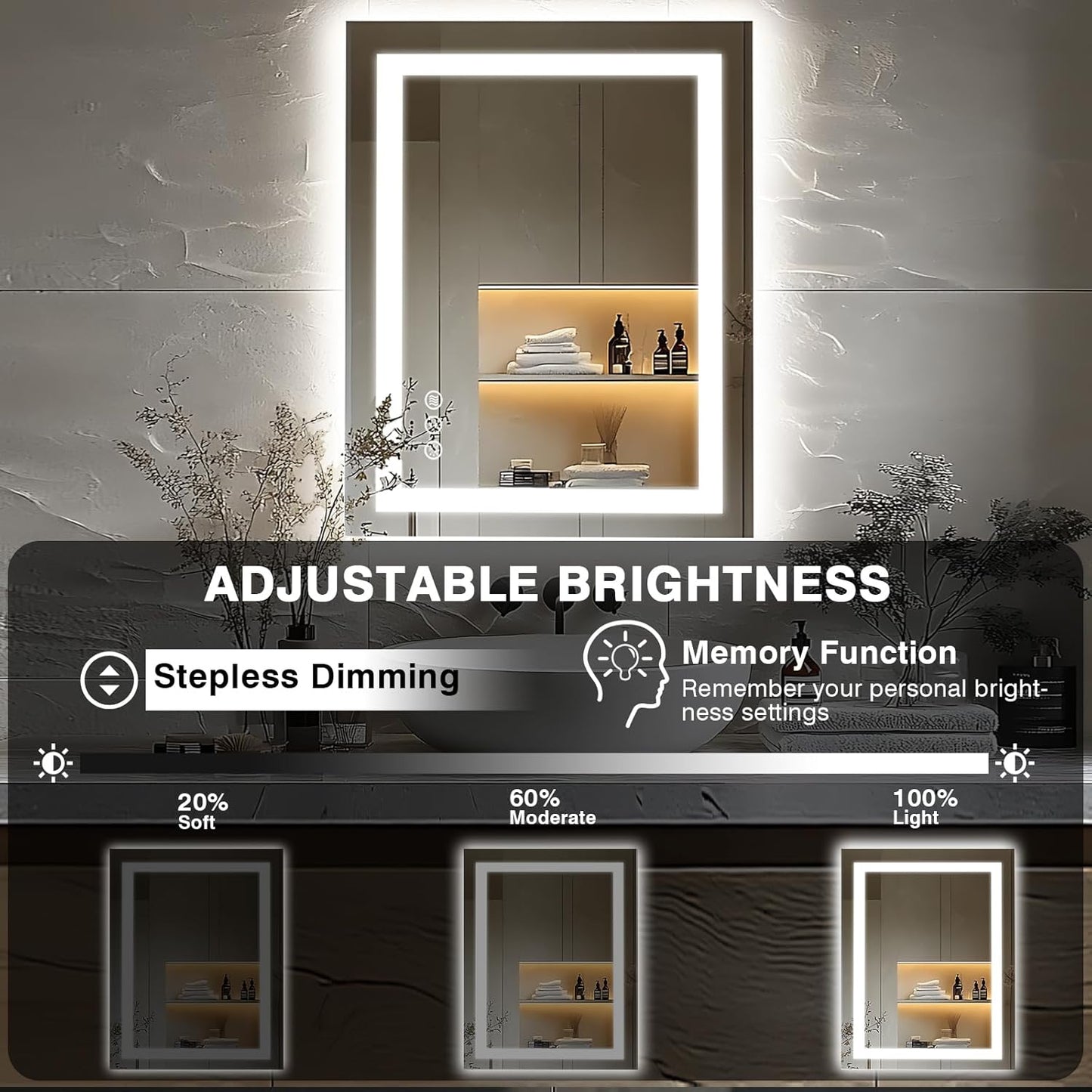24"x36" LED Bathroom Mirrors for Wall, Front and Backlit, Anti-Fog Vanity Mirror with Lights, Stepless Dimmable Lighted, 3 Colors Smart Mirror (Horizontal/Vertical)