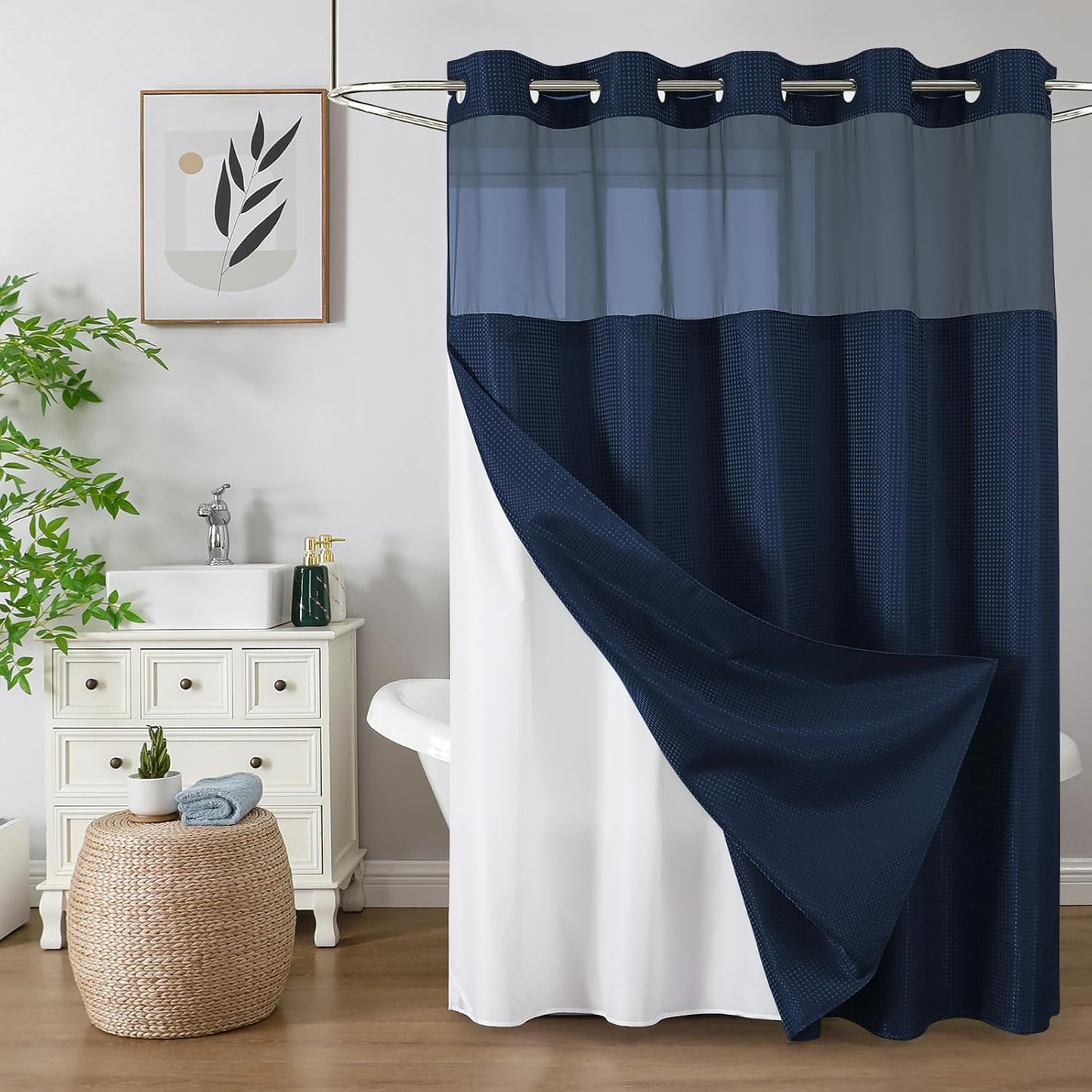 Colorful Star No Hook Shower Curtain with Snap in Fabric Liner, Waffle Weave Heavy Duty Thick Shower Curtains with Mesh Top Window, Hotel Style Waterproof Bathroom Curtain Set, 72 x 75 Inch, Navy Blue