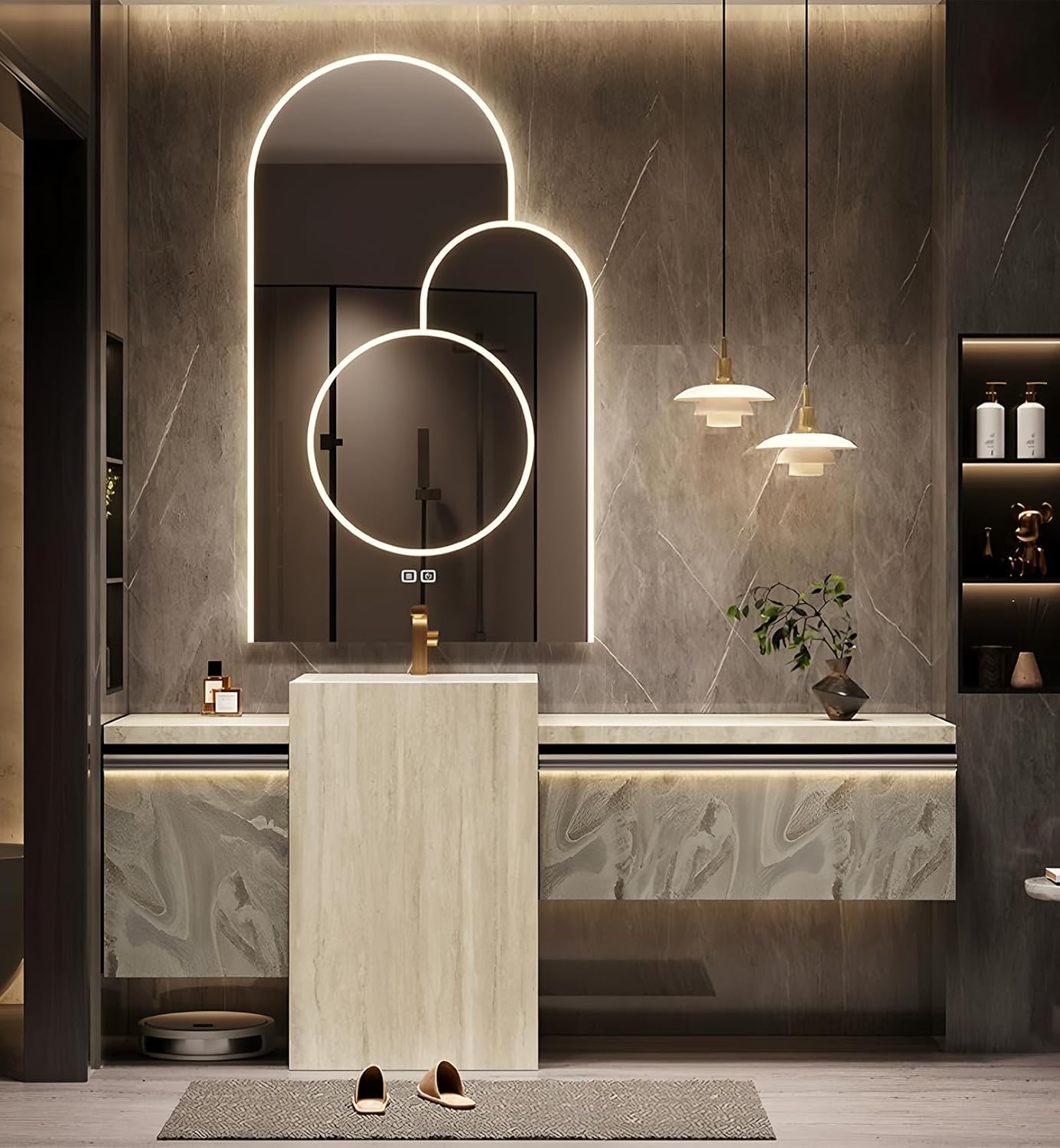 Single Sink Freestanding Bath Vanity, Modern Bath Vanity with LED Smart Mirror, 84IN Solid Wood Floating Bathroom Sink Cabinet with Marble Slate Top and Large Storage Drawer