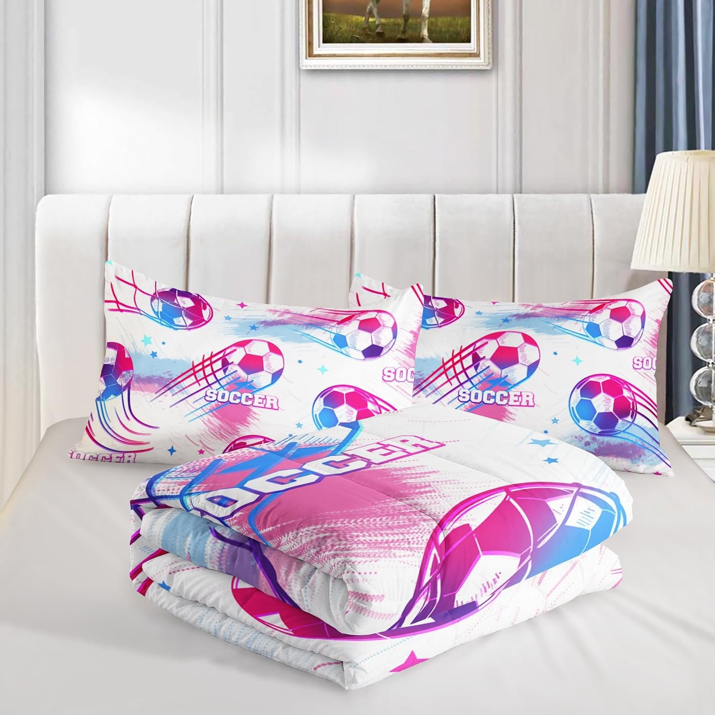 Ball Games Bedding Football Full Comforter Set,Pink and Blue Soccers Stars Bedding Set for Kids Girls Boys Room Decor,Sports on The Court Aesthetic Bedding Sets with 2 Pillowcases.