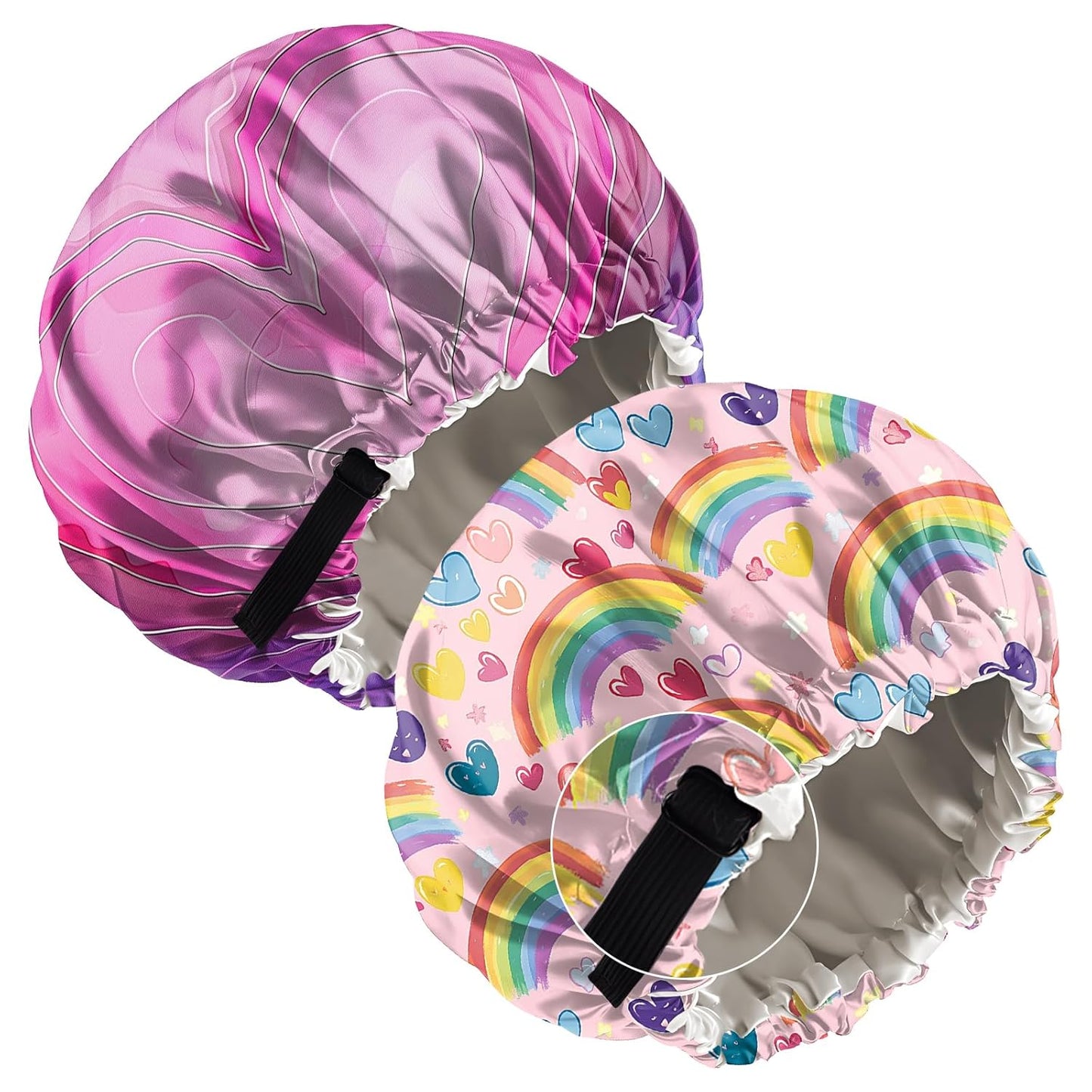 2 PCS Bonnets for Women Girls Satin Hair Bonnet Silk Adjustable Elastic Double Layer Hair Wrap Sleep Cap Comfort Cute-Rainbow Heart