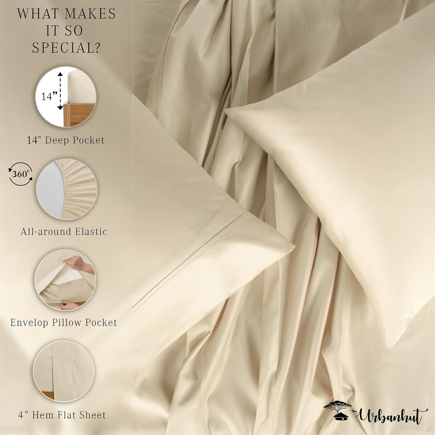 URBANHUT 700 Thread Count Full Sheet Set Egyptian Cotton Sheets, 4Pc Sheet Set Soft Luxury Bed Sheets for Full Size Bed, Sateen Weave Hotel Sheets, 14'' Elasticized Deep Pocket - Ivory
