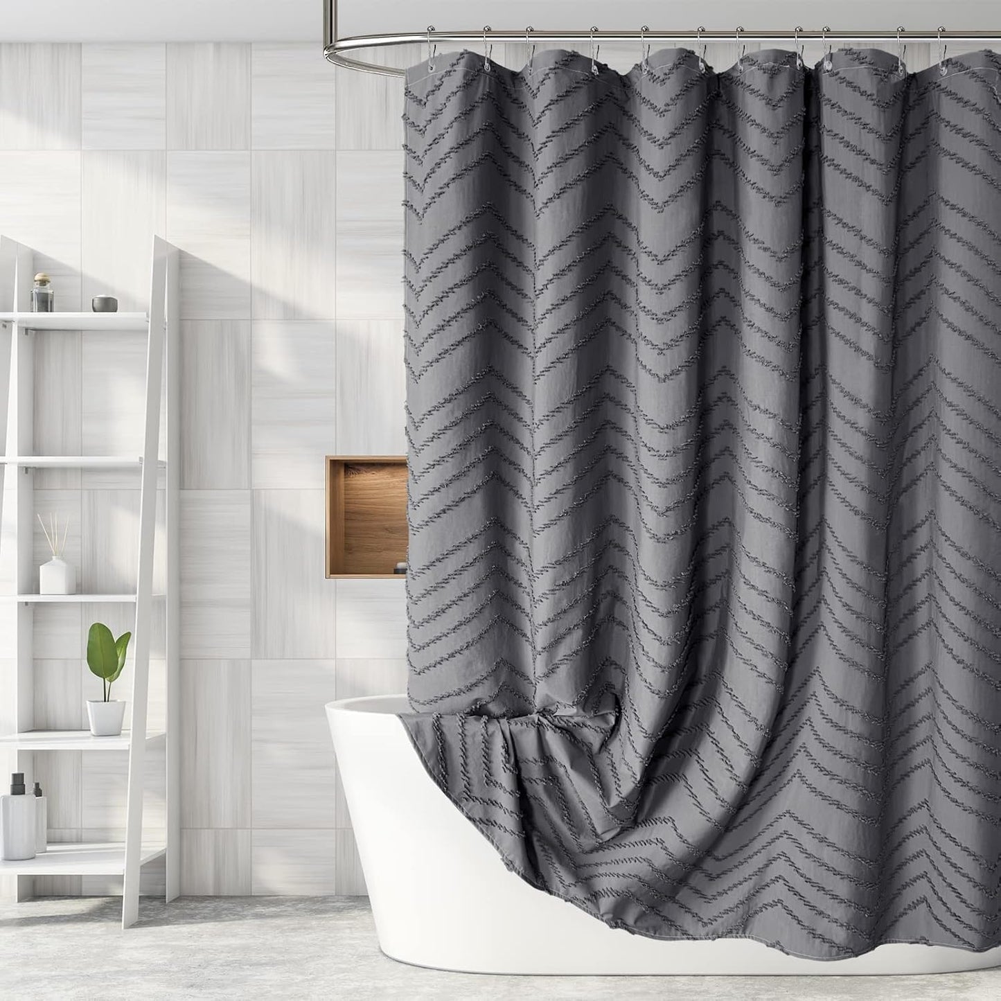 Extra Long Grey Boho Shower Curtain 84 Inch Grey Tufted Chevron Striped Fabric Shower Curtains for Bathroom Modern Shabby Chic Waterproof Cloth Shower Curtain Set with Hooks