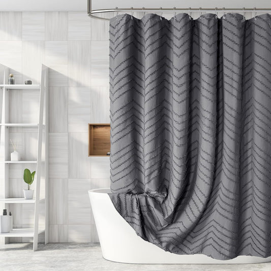 Extra Long Grey Boho Shower Curtain 84 Inch Grey Tufted Chevron Striped Fabric Shower Curtains for Bathroom Modern Shabby Chic Waterproof Cloth Shower Curtain Set with Hooks