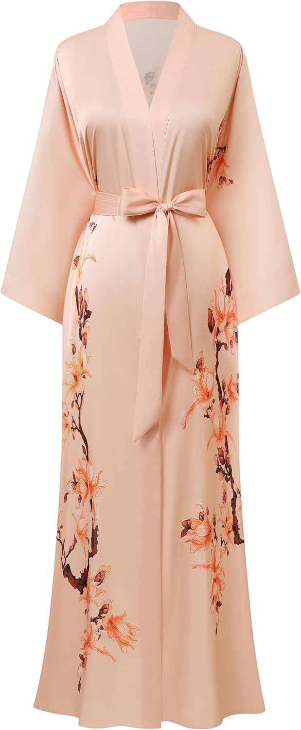 BABEYOND Kimono Robe Cover up with Box Long Floral Satin Sleepwear Silky Bathrobe Bachelorette Robe