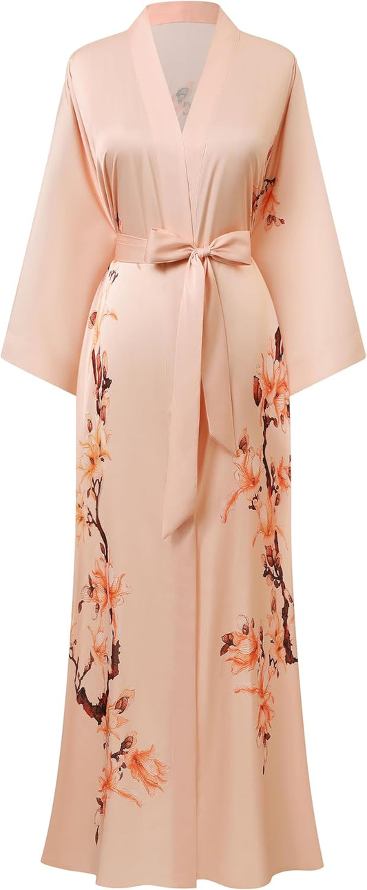BABEYOND Kimono Robe Cover up with Box Long Floral Satin Sleepwear Silky Bathrobe Bachelorette Robe