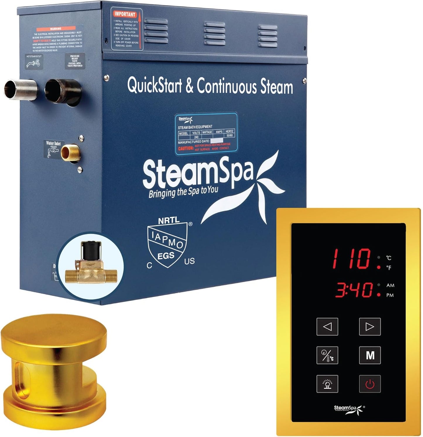 STEAMSPA 7.5kW Steam Sauna Generator Sentry Series 240V Steam Generator with Touch Screen, Steamhead, Built-in Steam Shower Auto Drain, ACU Quickstart Steam Bath Generator (Gold)