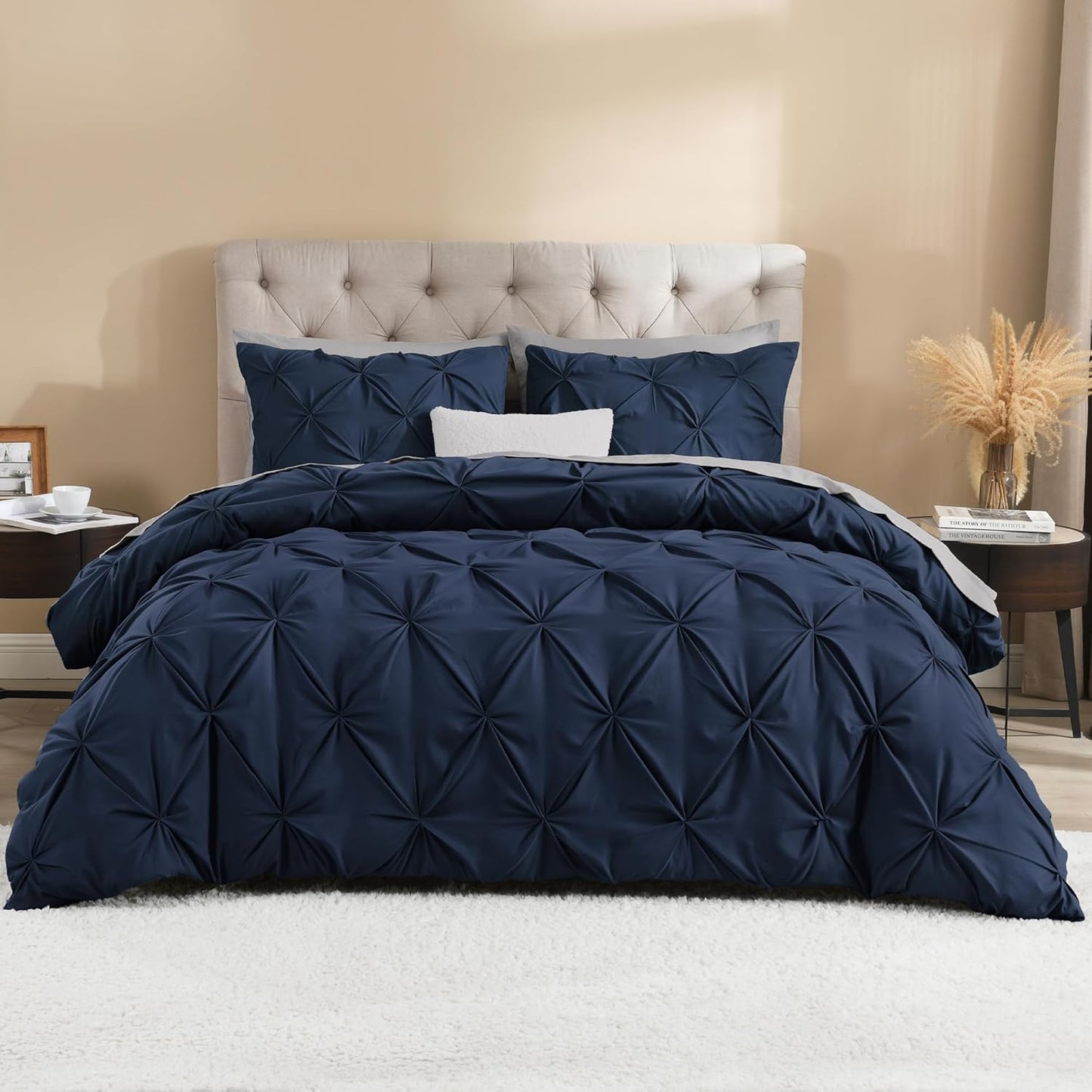 Litanika Navy Blue Oversized King Pinch Pleat Duvet Cover, 3 Pieces Pintuck Cover Soft Microfiber Bedding Set with Zipper Closure & Corner Ties(1 Duvet Cover, 2 Pillowcases)