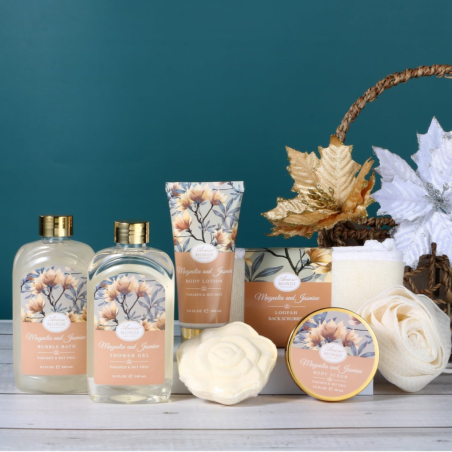 Home Spa Gift Basket, Bath Spa Kit for Women, with Body Lotion, Shower Gel, Bubble Bath, Body Scrub, Bath Salt, Bath Bomb, Bath Gift Set for Mother, Wife Her, with Magnolia and Jasmine Scent