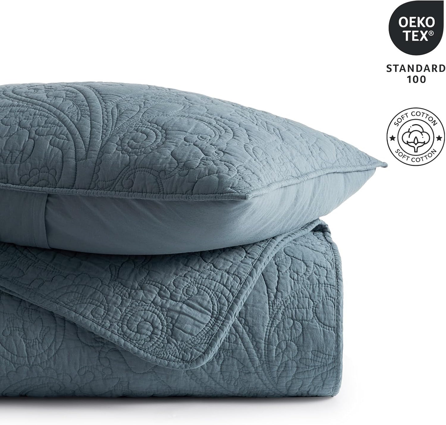 EVERGRACE 100% Cotton Paisley Quilt Set, King Size 3 Piece Set – Prewashed Lightweight Bedspread with 2 Shams, Soft & Breathable Matelasse Coverlet for All-Season Comfort, Stormy Blue