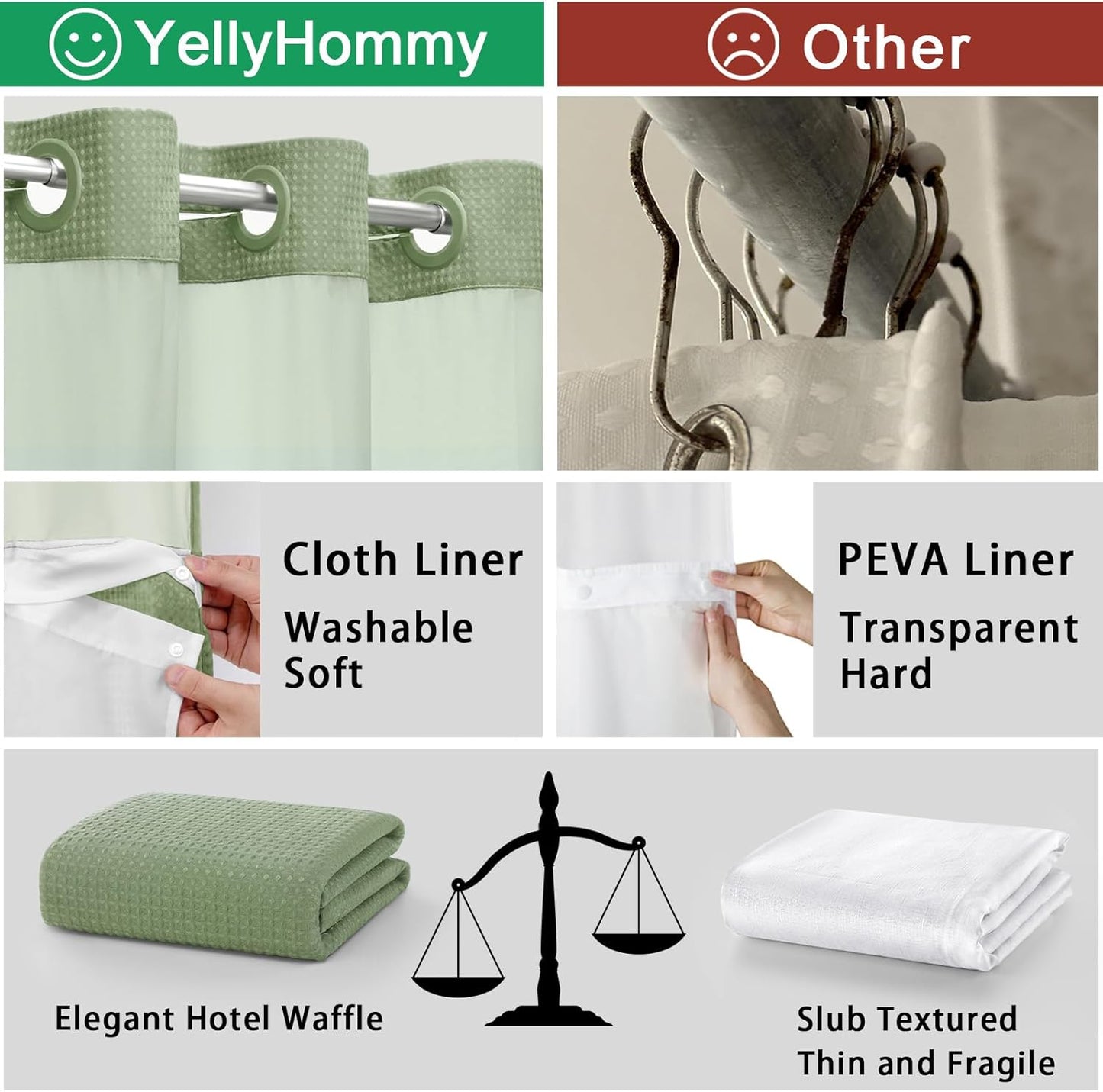 YellyHommy No Hook Shower Curtain with Snap in Liner Set Less Time Green Waffle Shower Curtain for Bathroom 75" L x 78" W