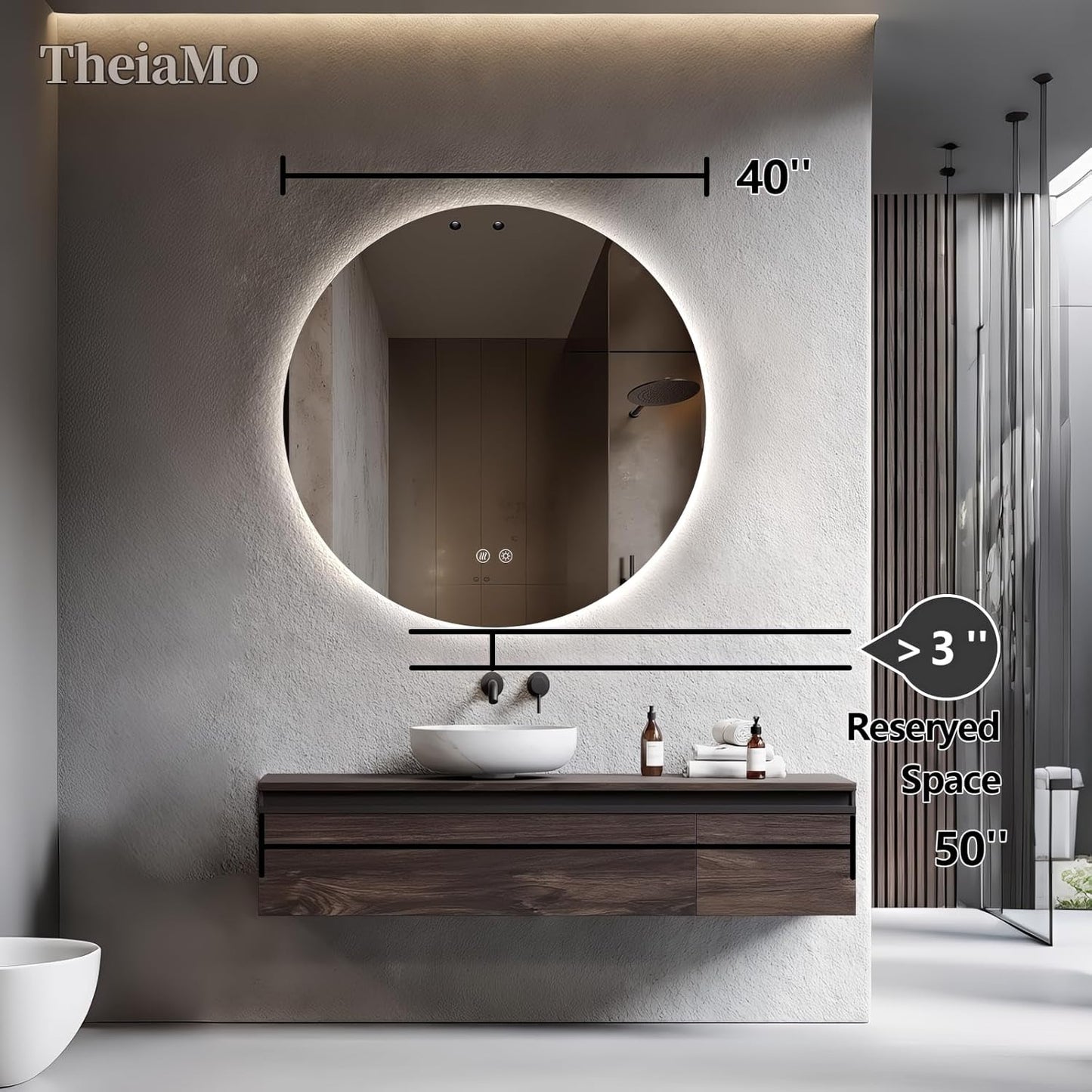 Round LED Mirror for Bathroom, 40" Circle Frameless Backlit Mirror with Lights, Wall Mounted Vanity Mirror, 3 Colors, Dimmable, Anti-Fog, IP65 Waterproof, Memory Function, UL Listed