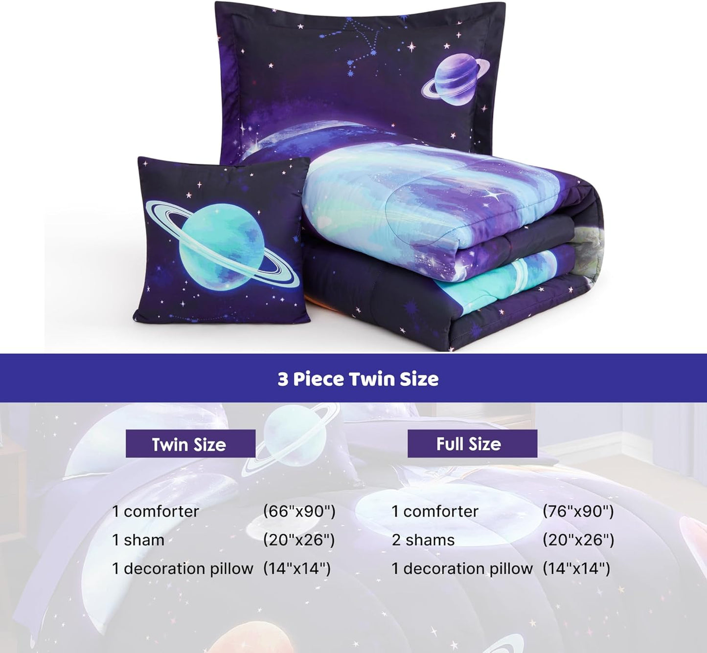 Twin Comforter Set for Boys-3 Pieces Navy Blue Space Rocket Twin Bedding Sets for Kids, 1 Comforter, 1 Sham and 1 Decor Pillow