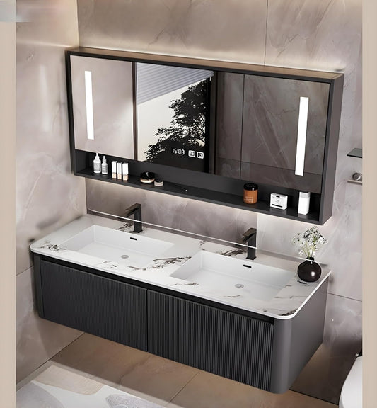Bathroom Vanity Cabinet, 84" Bathroom Vanity with Sink & Intelligent Defog LED Mirror, Solid Wood Float Vanities, Wall-Mount Bathroom Cabinet with Drawer, Undermount Double Sink, Faucet, Drain(Black)
