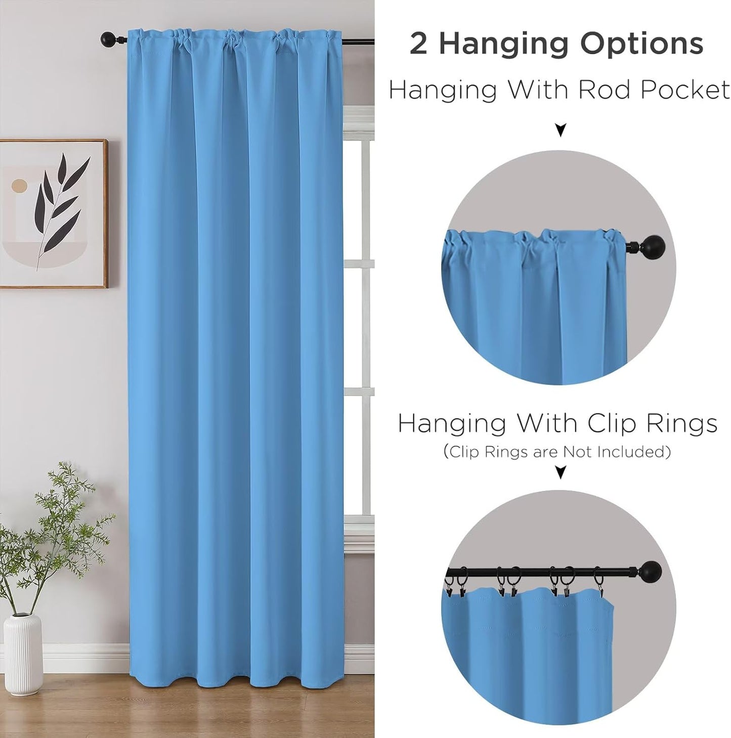CUCRAF Light Blue Blackout Curtains 90 inch Length 2 Panels Set, Rod Pocket Room Darkening Drapes for Bedroom Living Room, Insulated Thermal Light Blocking Window Curtain (W52 x L90 Inch)