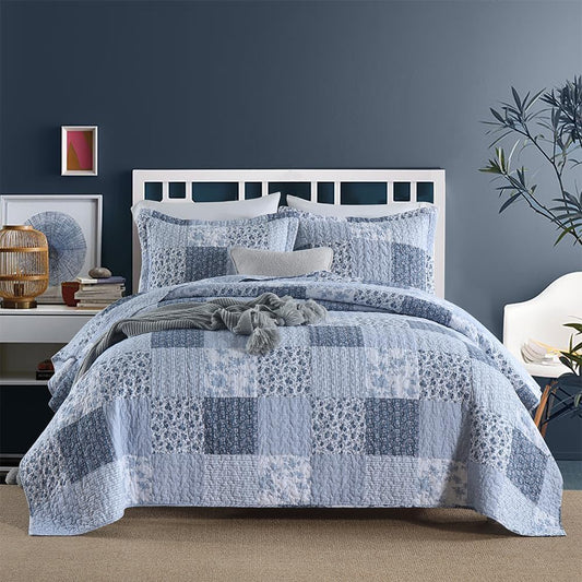 ENASAL Cotton Bedspread Quilt Bedding Sets Reversible Coverlet Sets Comforters Rustic Floral White Blue Patchwork Pattern Bedspread for All Season, King Size
