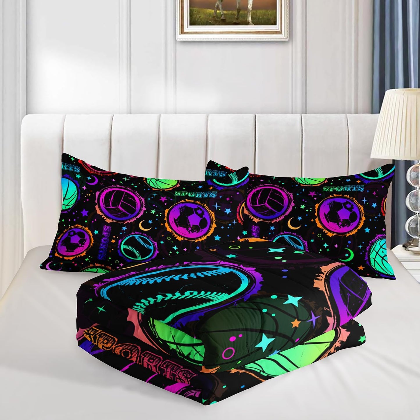 Ball Games Bedding Basketball Football Baseball Full Comforter Set,Colorful Neon Stars and Moon Bedding Set for Kids Girls Boys Room Decor,Sports Aesthetic Bedding Sets with 2 Pillowcases.
