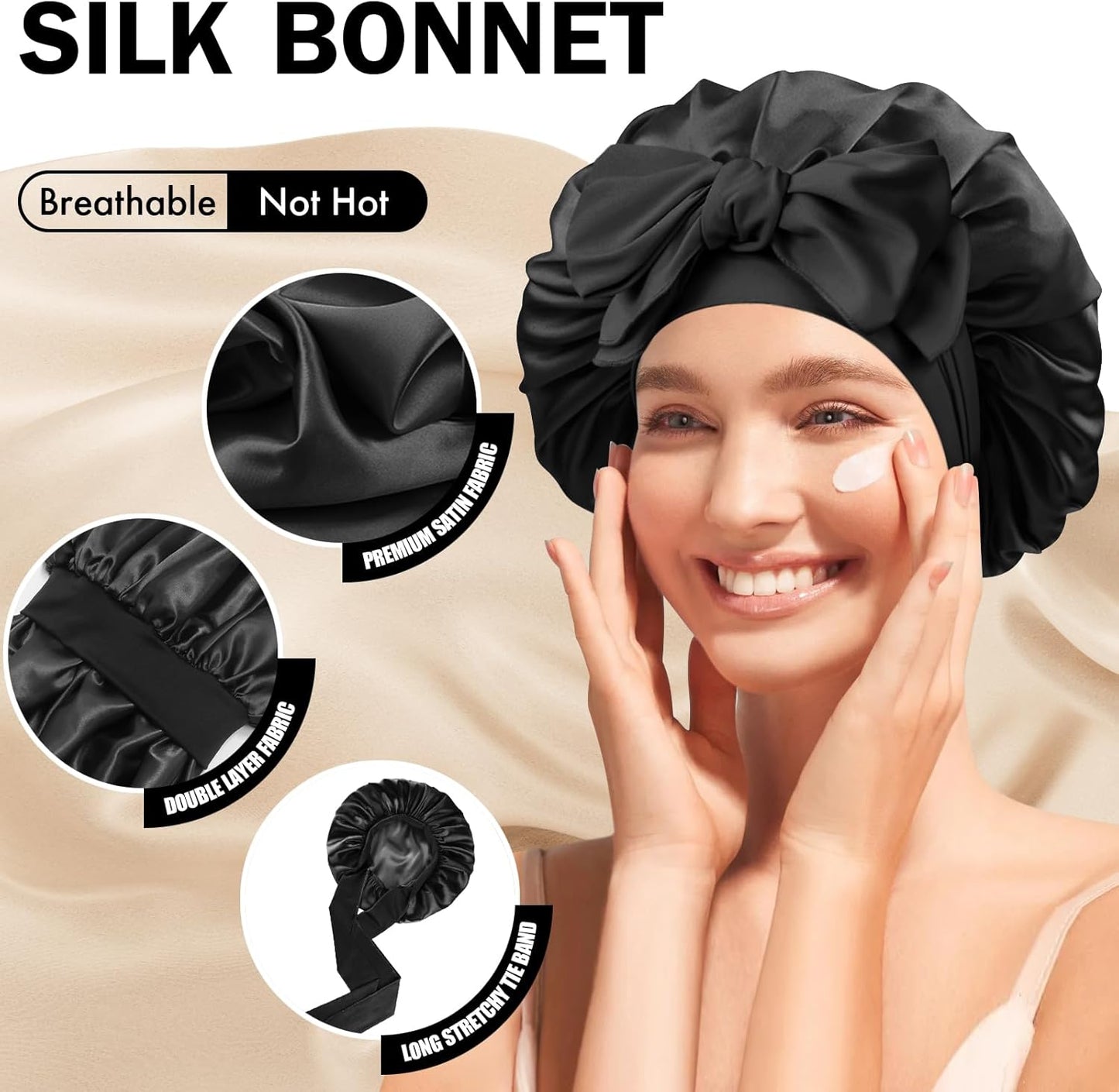 Silk Bonnet for Sleeping Women, Adjustable Soft Satin Lined Bonnet with Tie Band, Double Layer Sleep Night Cap