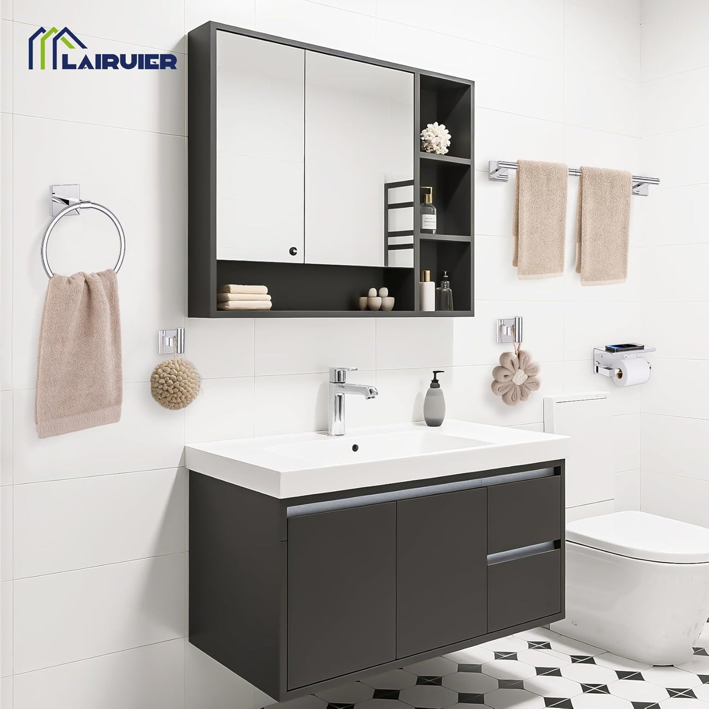 5-Piece Polish Chrome Bathroom Hardware Set, SUS304 Stainless Steel Bathroom Accessories Set 23.6 inches Towel Bar, Toilet Paper Holder with Shelf, Towel Ring and Two Towel Hooks Wall-Mounted