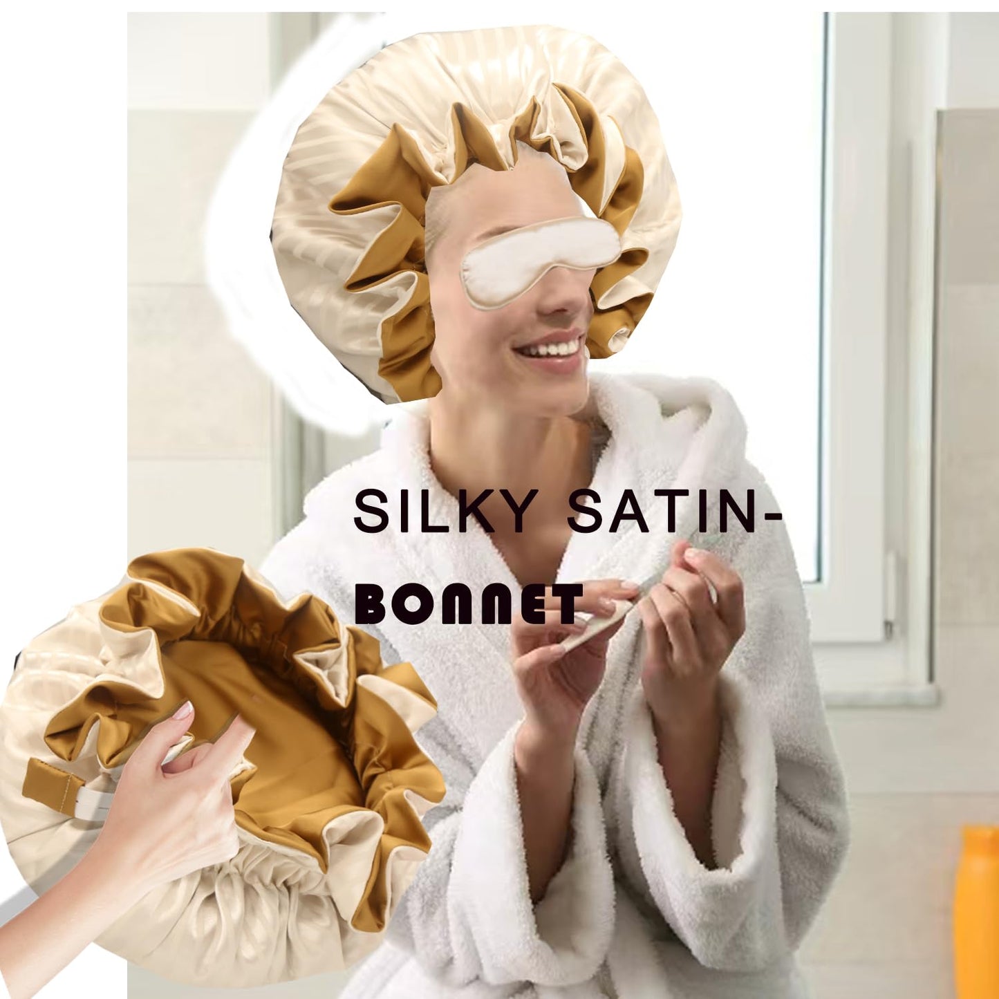 Satin bonnet 2PCS silk hair bonnet cap for women reversible for sleeping Adjustable Night sleep cap for curly natural hair double-layer and Washable Can Be Used Shower (Apricot &Blue stripe)