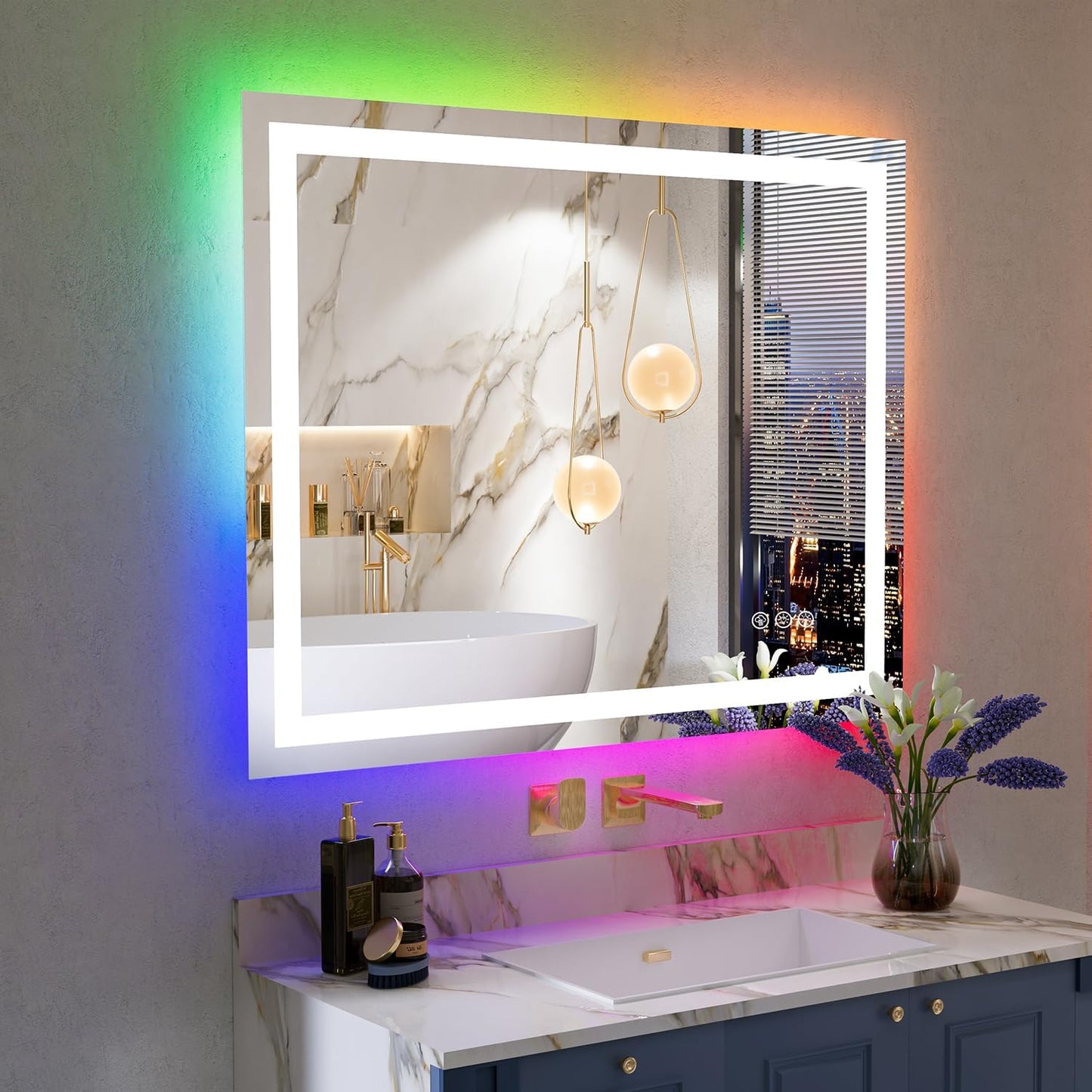 40x32 Inch RGB LED Bathroom Mirror Front Light and RGB Backlit Lighted Vanity Mirror for Bathroom Wall Mounted Dimmable Anti Fog Memory Shatter-Proof IP54 Waterproof Horizontal/Vertical