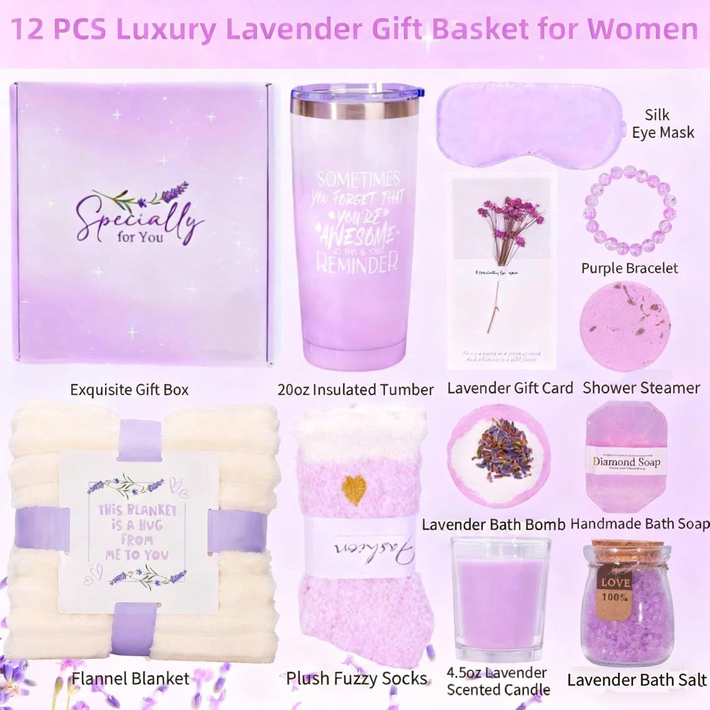 Self Care Gifts Get Well Soon Gift Baskets for Women, Christmas Birthday Gifts for Womens, Inspirational Lavender Relaxing Spa Care Package Thinking of You Gift Set for Mom Wife Her Friends Sister