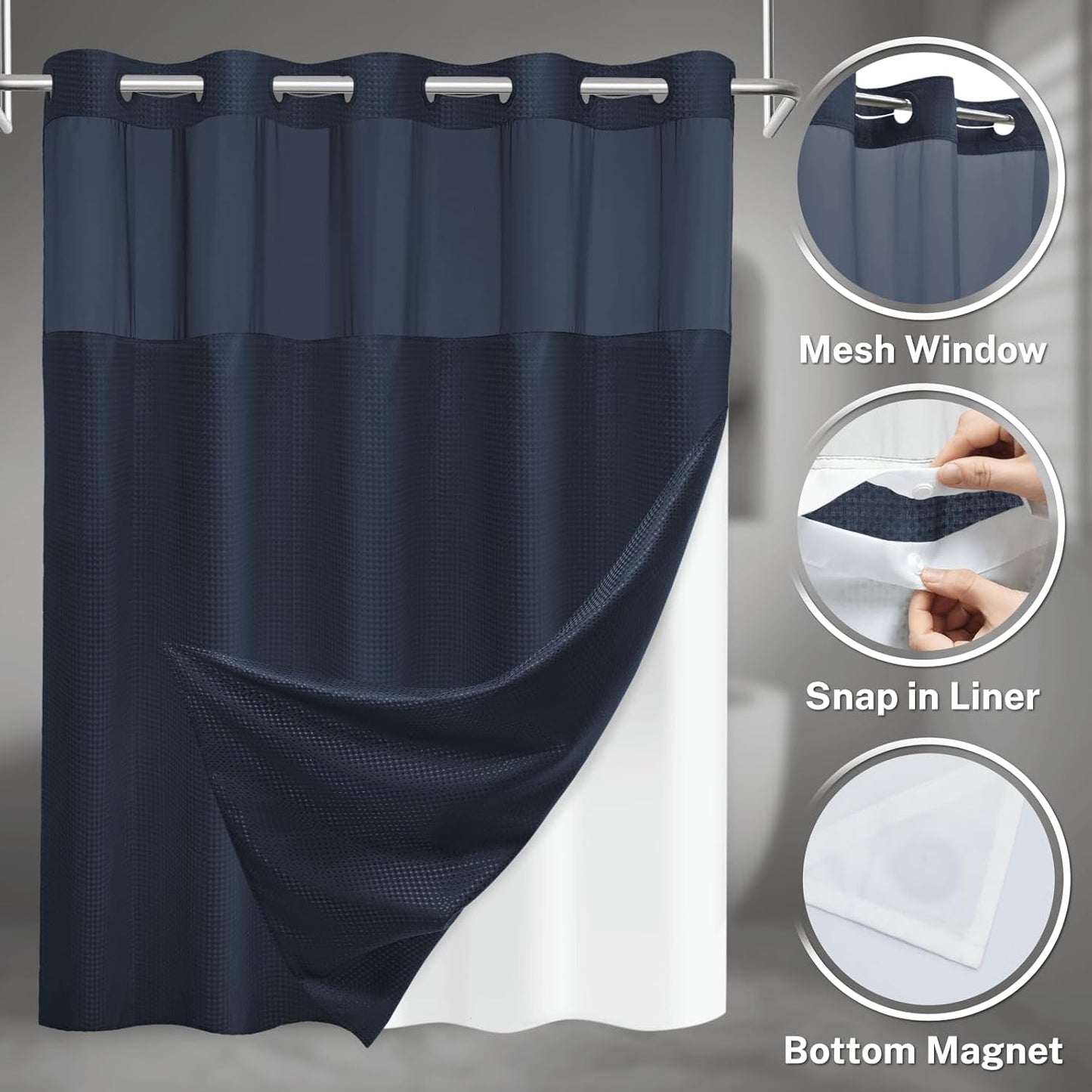 No Hook Shower Curtain with Snap in Liner Set Waffle Shower Curtain for Bathroom Hotel Style Fabric Waterproof Inner Liner，71" W x 74" H, Navy Blue