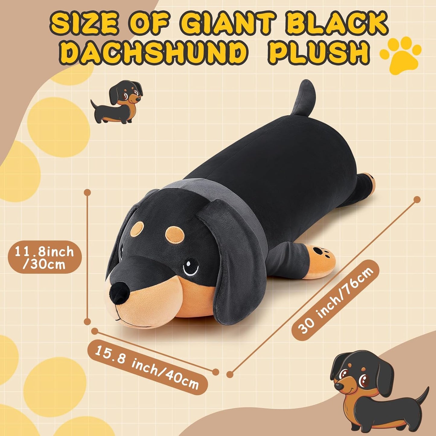 30'' Giant Black Dachshund Dog Plush Stuffed Animal- Black Weiner Dog Plush Pillow Plushies, Large Dachshund Plush Toy, Cute Hugging Weiner Dog Stuffed Animal, Birthday Gifts for Kids Girls Boys
