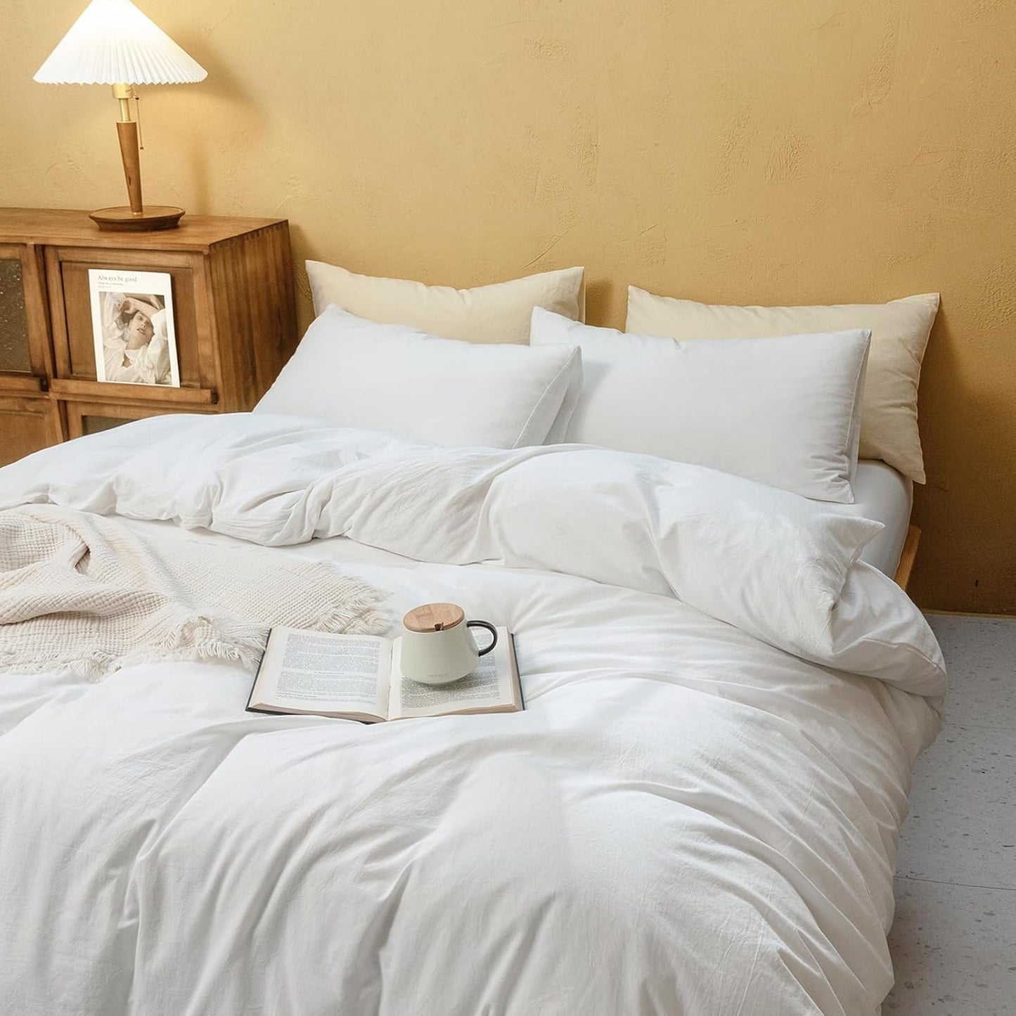 FOSSA Duvet Cover Set 100% Washed Cotton Linen Feel Super Soft Breathable Cozy 3 Pieces Bedding Sets Solid Off White Oversized King