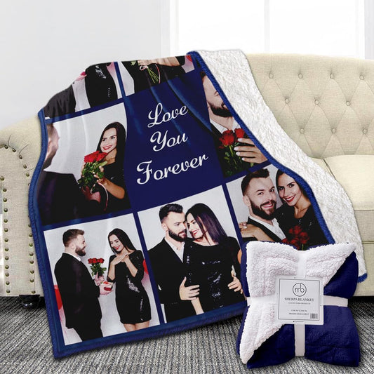 Custom Sherpa Fleece Blanket with Photos & Text - Soft, Warm & Fuzzy Personalized Couples Gifts for Boyfriend & Girlfriend - Customized Picture Blanket for Birthday, Anniversary & Christmas