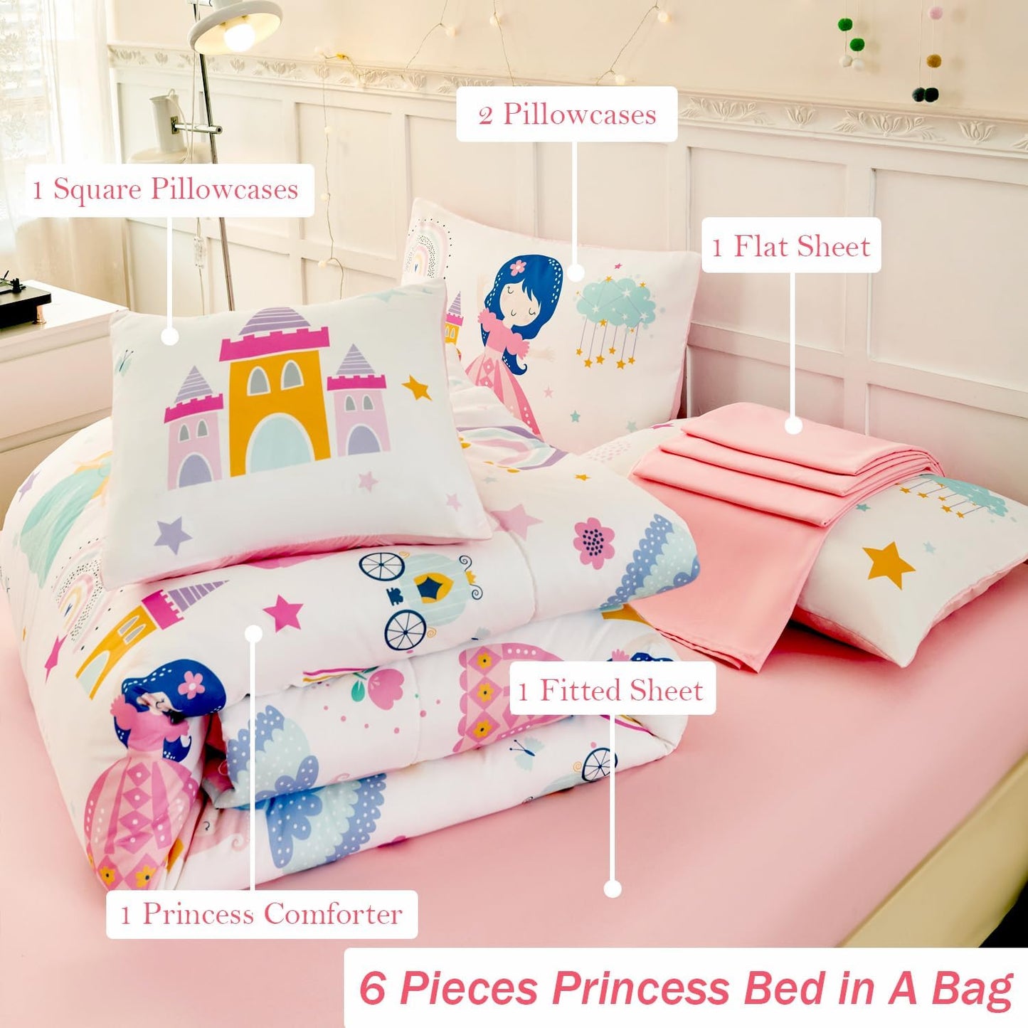 ANGIYUIN Princess Fairy Tales Bedding Set Queen Cartoon Rainbow Love Kids Bed in A Bag with Sheets Cute and Soft Bedding Comforter Set for All Season(Princess, Rainbow, Castel, White)