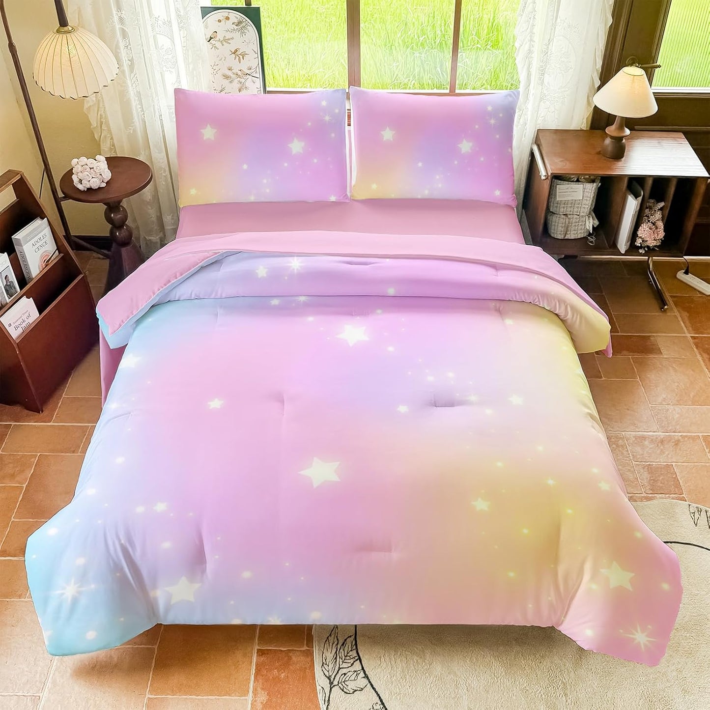 Rainbow Bedding Set Full Size – 5 Piece Reversible Girls Comforter with Deep-Pocket Sheet, Gradient Galaxy Design, Whole-Piece Filling, Machine Washable Bed-in-a-Bag for Kids Room Makeover & Gifts