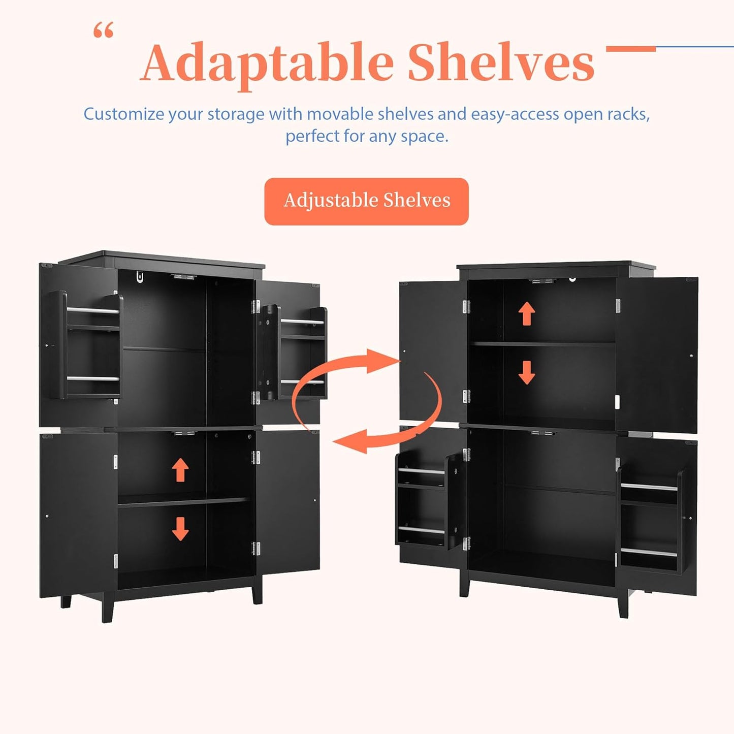 Freestanding Storage Cabinet with 4 Doors,Elegant Organizer Unit with Adjustable Shelves, Sturdy MDF Frame, Anti-Tipping Design, Large Capacity for Bathroom, Kitchen, Office, Home, Black