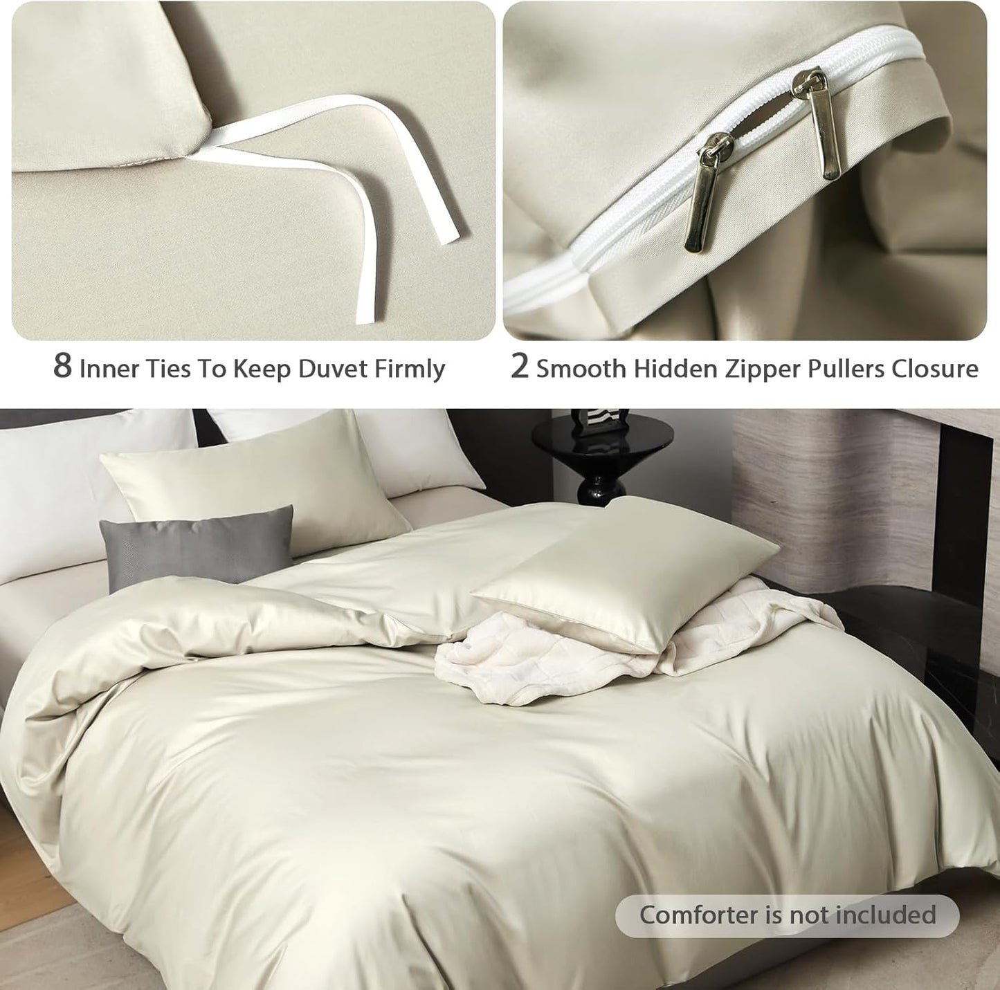 PURE ERA Duvet Cover Set 800 Thread Count Long Staple Cotton Sateen Silky Soft Luxurious Smooth 3 Piece Set Beige Queen