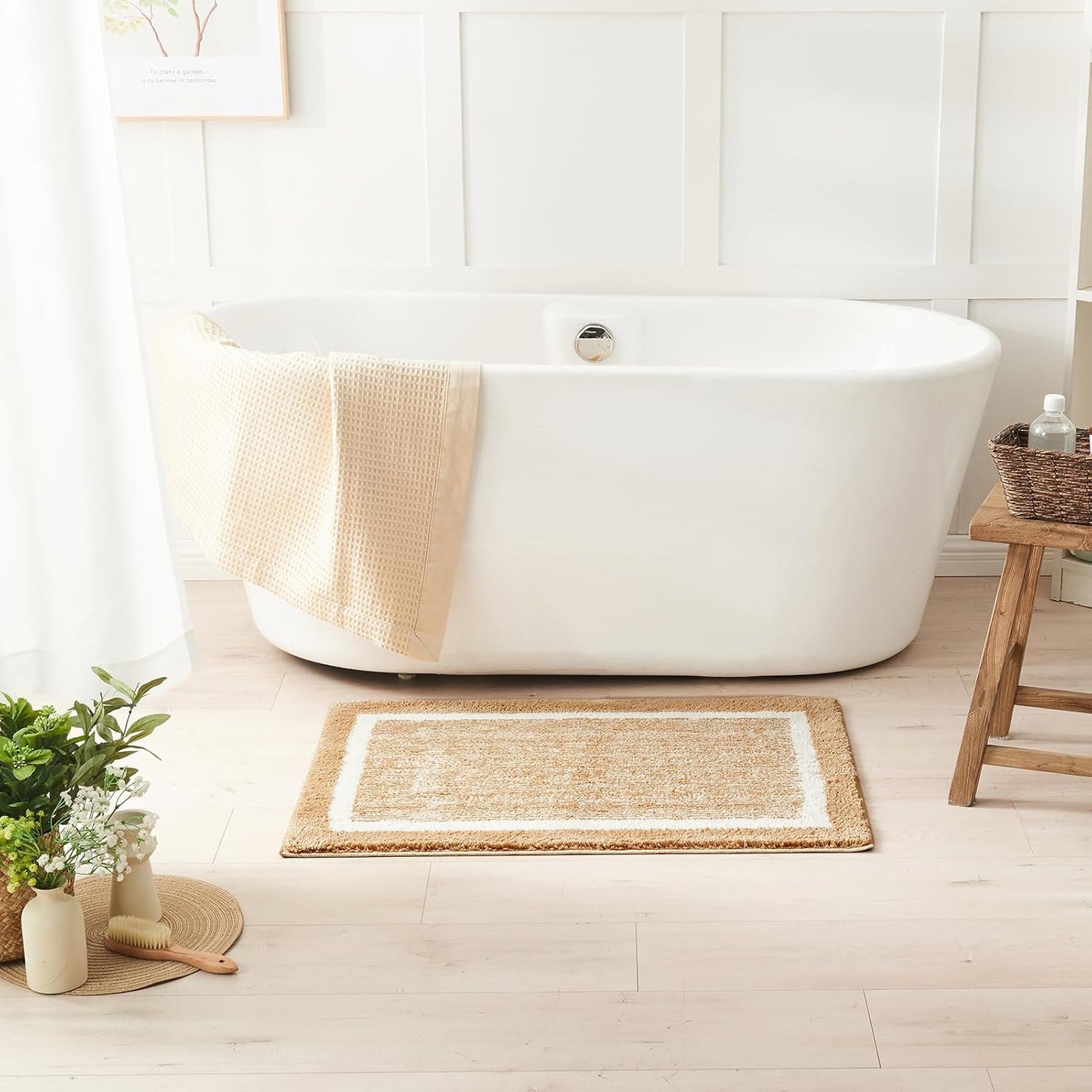 CozeCube Bath mats for Bathroom Non Slip, Fluffy Absorbent Microfiber Bath mat Washable, Aesthetic Bathroom Rugs, Long Beige Bath mat, Beige, 47" x 24"