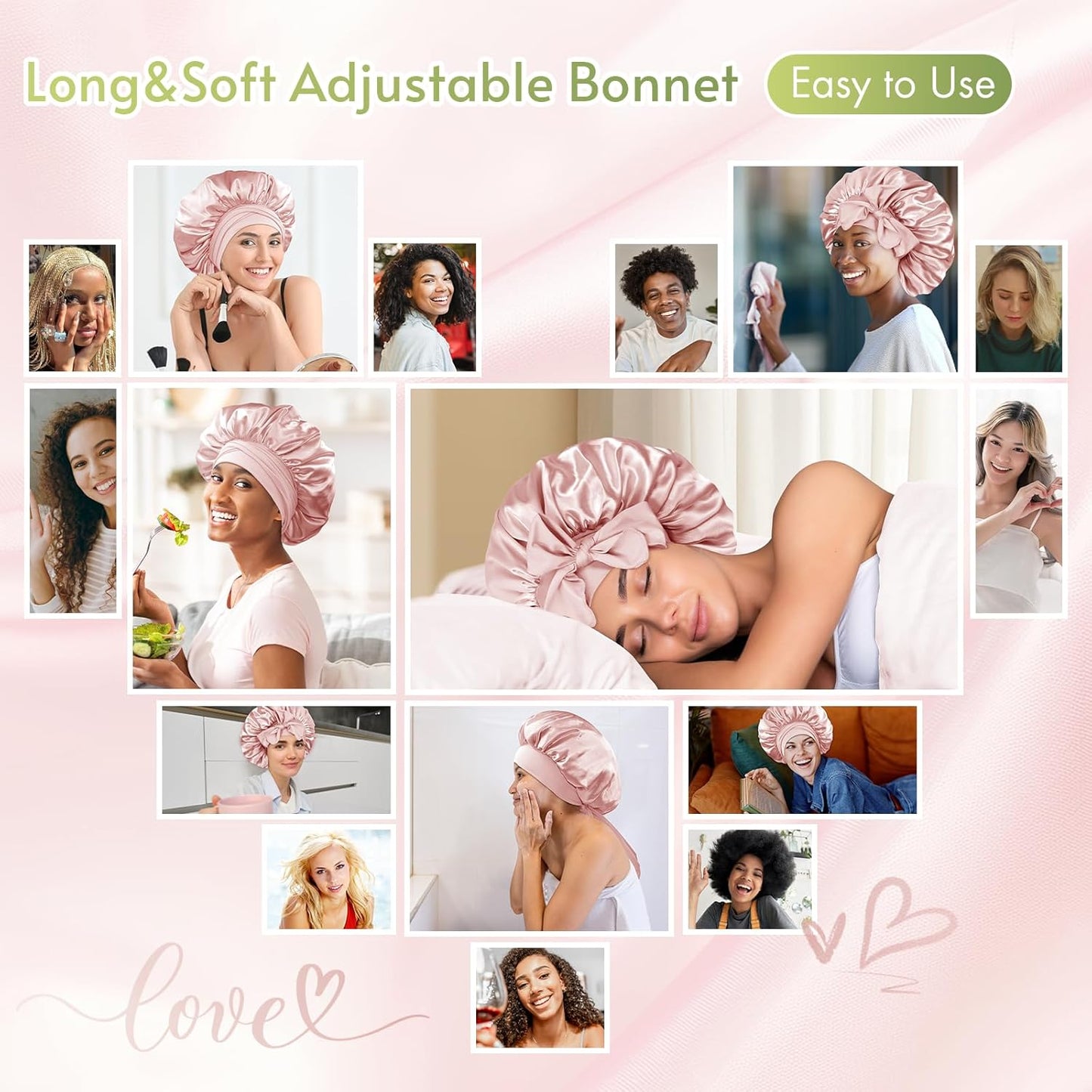 BONNET QUEEN Silk Bonnet for Sleeping Women Satin Bonnet Night Sleep Cap Wrap for Curly Hair with Adjustable Tie Band, Single Layer, Cream Pink