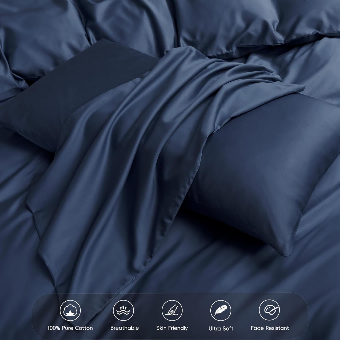 MooMee Duvet Cover Set 100% Extra Long Staple Cotton 600 Thread Count Silky Sateen Smooth Luxury Soft Breathable Durable Hotel Quality Bedding, 3 Pieces (Navy Blue, Queen 90"x90")