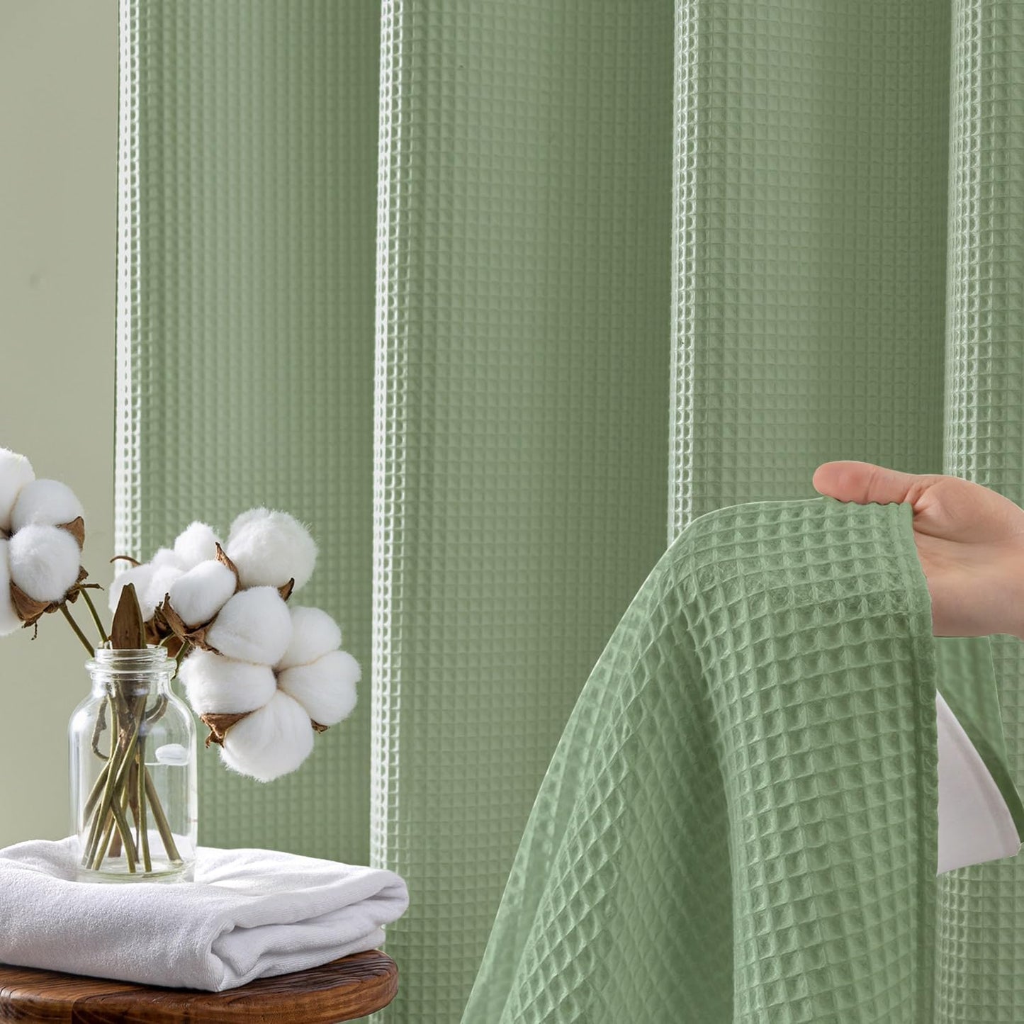 River Dream Sage Green Fabric Shower Curtain Set, Cotton Blend, Waffle Weave, with Snap in Replacement Liner，71 x 74 inches