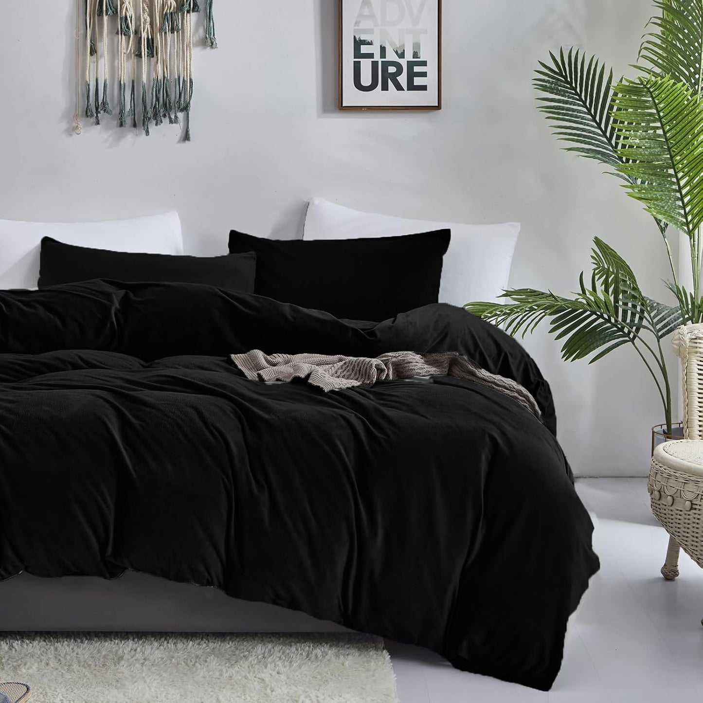 Cottonight Black Velvet Comforter Set King - Flannel Bedding 3 Piece Set, Plush Fluffy Blanket Quilts, Modern Winter Warm Thick Soft Solid Bedding