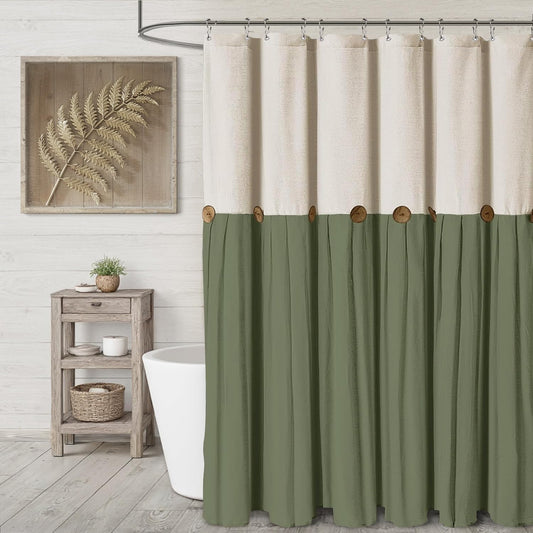 Farmhouse Shower Curtain Linen Bow Woven Fabric Country Rustic Western, Cream & Green 72" W x 72" L