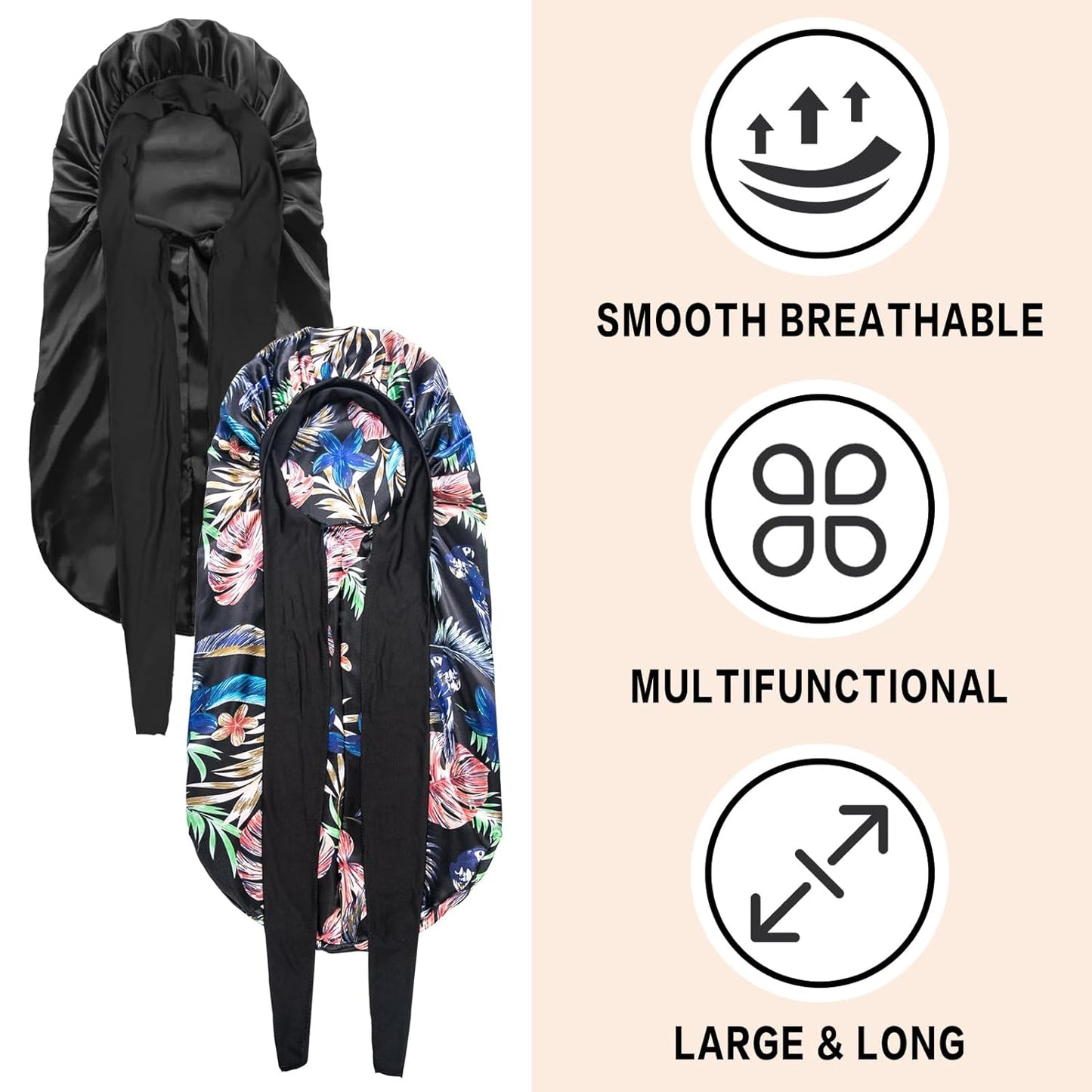 2Pcs Bonnets for Black Women Braid Bonnet, Large Long Satin Bonnet for Braids, Silk Bonnet with Stretchy Tie Band Sleep Cap Hair (2Pcs-Black&Black Pattern)