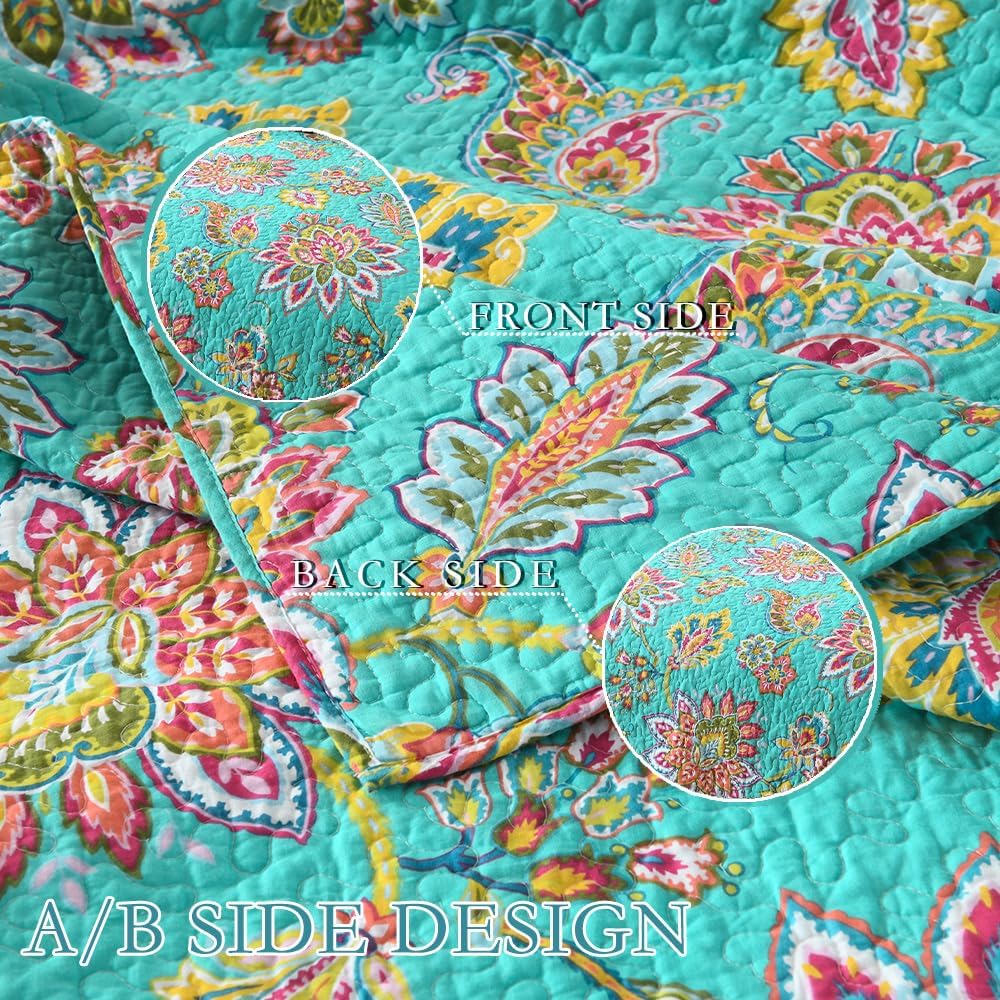 Cotton Bedspread Bedding Coverlet Quilt Sets, Reversible Vintage Branch Floral Bedspread comforters, (Vintage Turquoise Paisley Floral Pattern, Queen Size)
