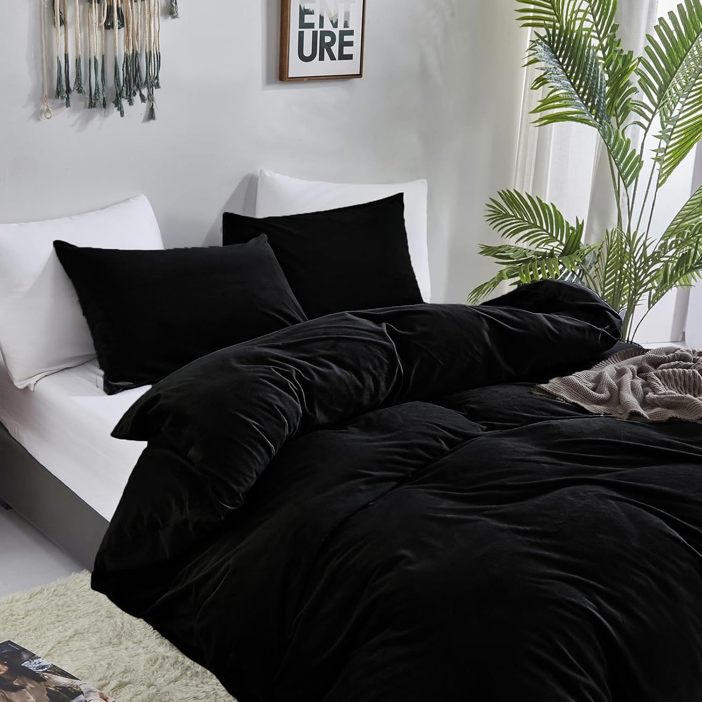 Cottonight Black Velvet Comforter Set King - Flannel Bedding 3 Piece Set, Plush Fluffy Blanket Quilts, Modern Winter Warm Thick Soft Solid Bedding