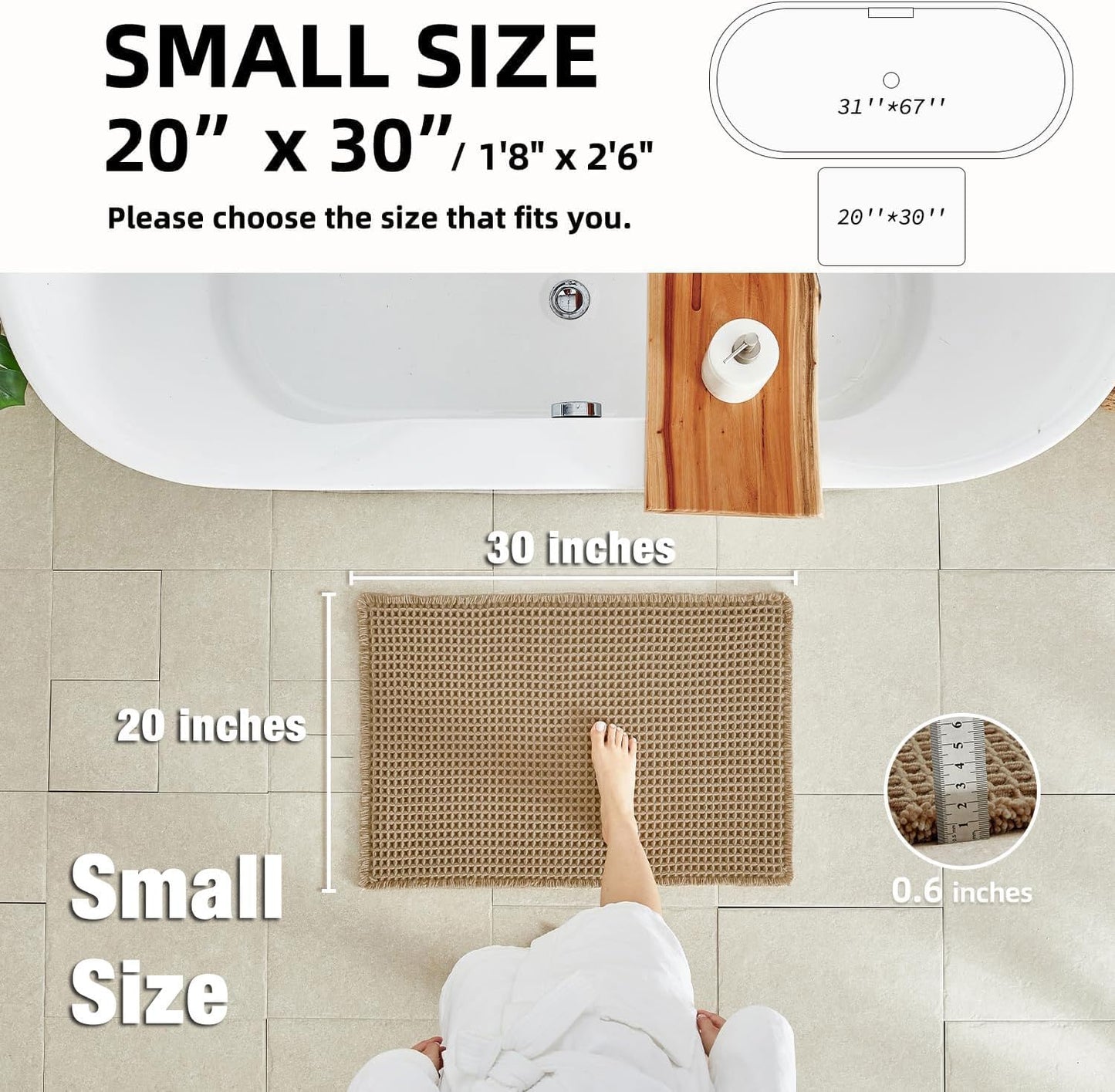 Waffle Bath Mat, Boho Bathroom Rugs Non Slip Washable Super Absorbent Quick Dry Farmhouse Bathroom Decor, 30"x20" Khaki