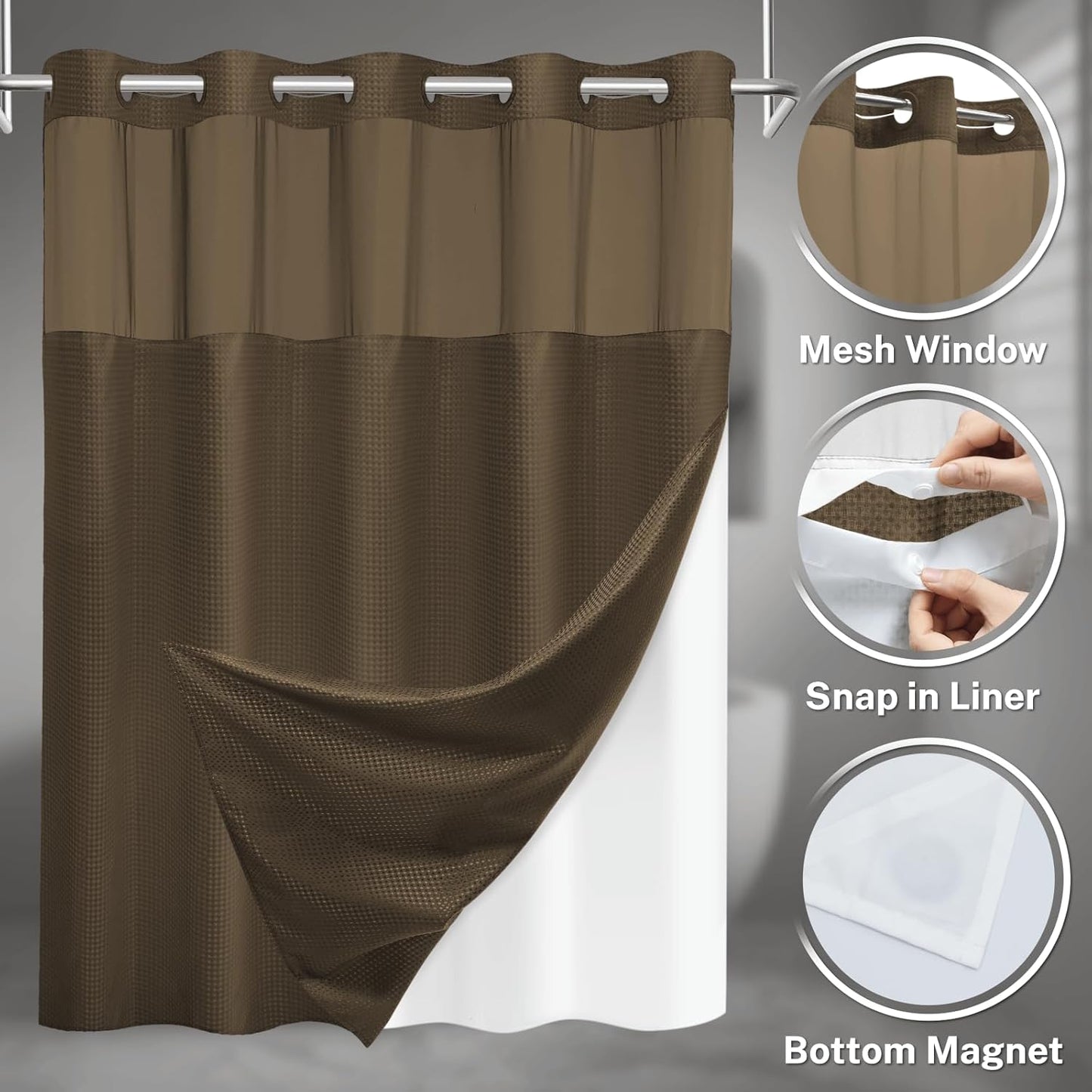 No Hook Shower Curtain with Snap in Liner Set Waffle Shower Curtain for Bathroom Hotel Style Fabric Waterproof Inner Liner，71" W x 74" H, Brown