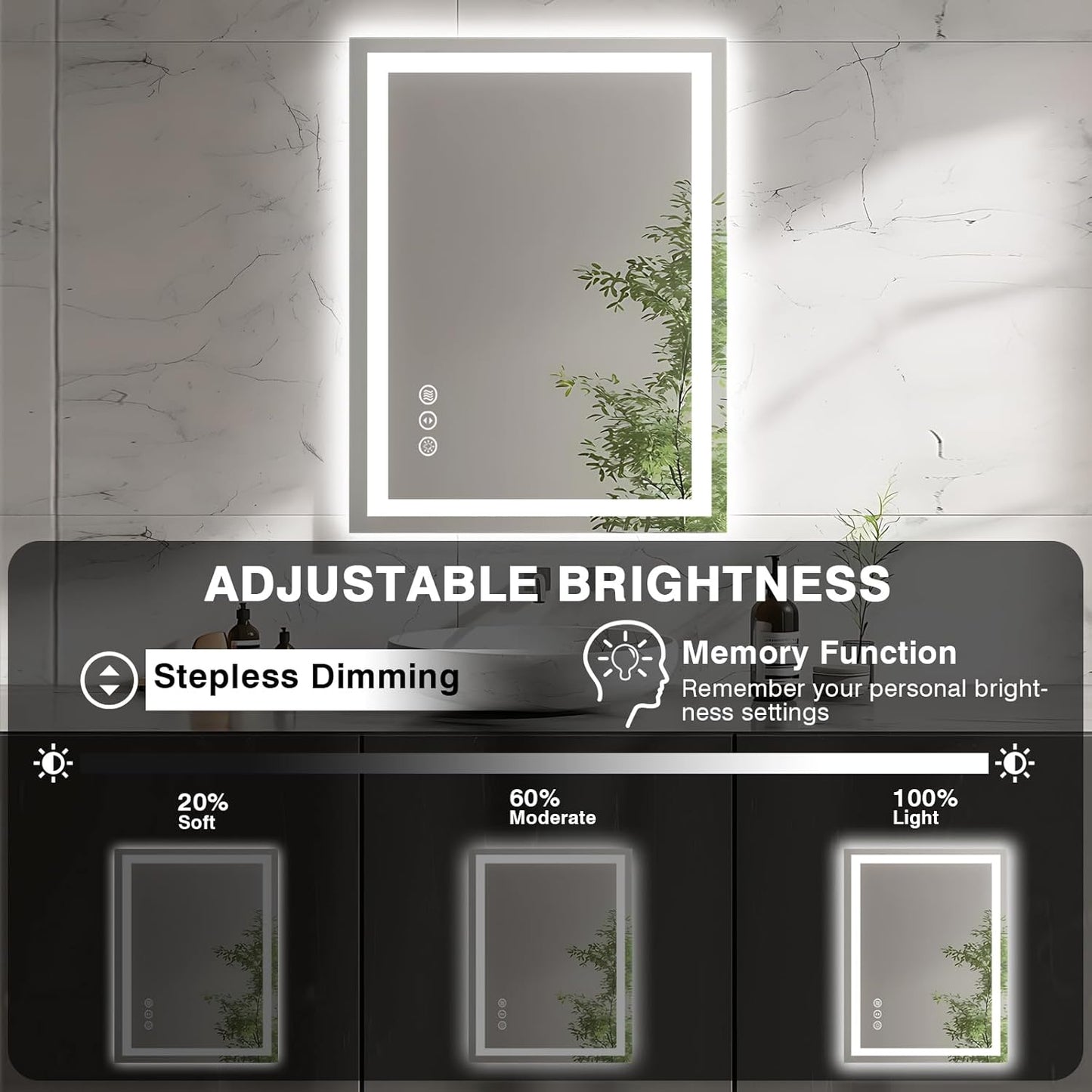 20"x28" LED Bathroom Mirrors for Wall, Front and Backlit Mirror, Anti-Fog Vanity Mirror with Lights, Stepless Dimmable Lighted Mirror, 3 Colors Smart Mirror (Horizontal/Vertical)