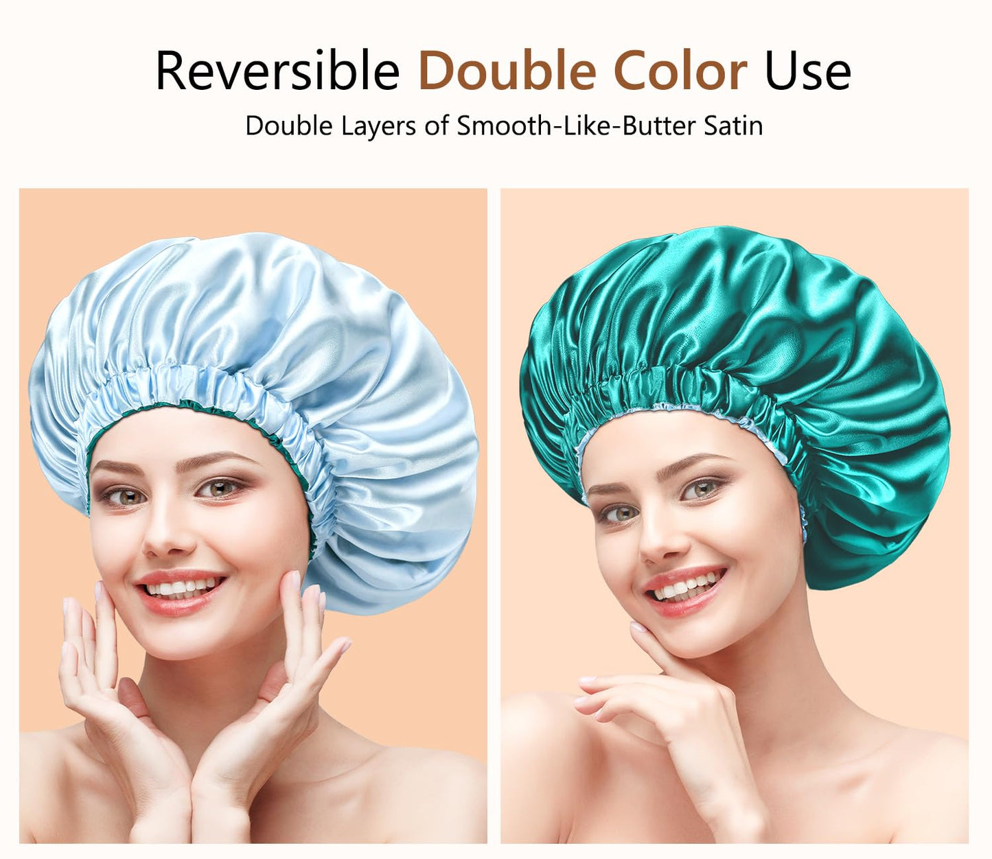 mikimini Satin Bonnet for Sleeping,Pack of 2,Green+Light Blue,Silk Bonnet for Women Long Curly Hair,Reversible Double-Layer Sleeping Hair Bonnet Extra Large Stretchy Sleep Hair Caps